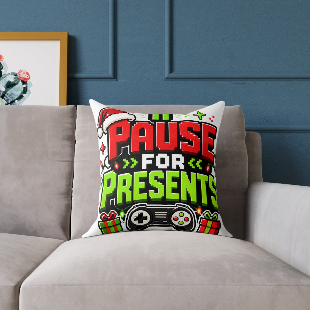Modern Day Christmas Holiday Gamer Pillow — "Pause for Presents" Christmas Gaming Throw Pillow