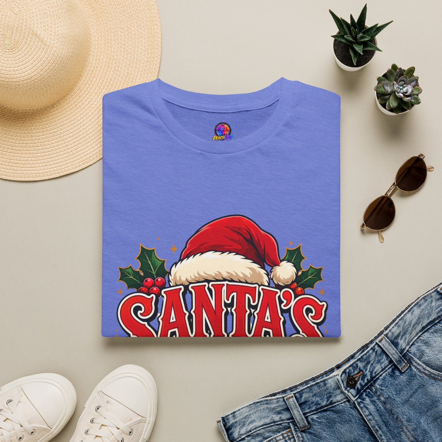 Santa's Favorite T-Shirt — Festive Christmas Tee with Santa Hat & Holly