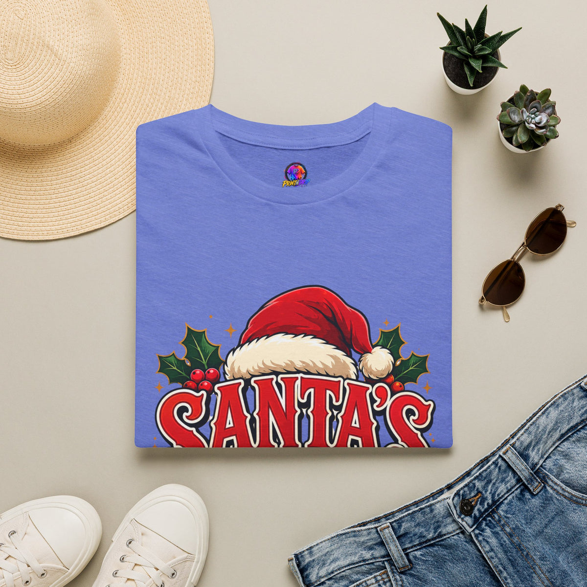 Santa's Favorite T-Shirt — Festive Christmas Tee with Santa Hat & Holly
