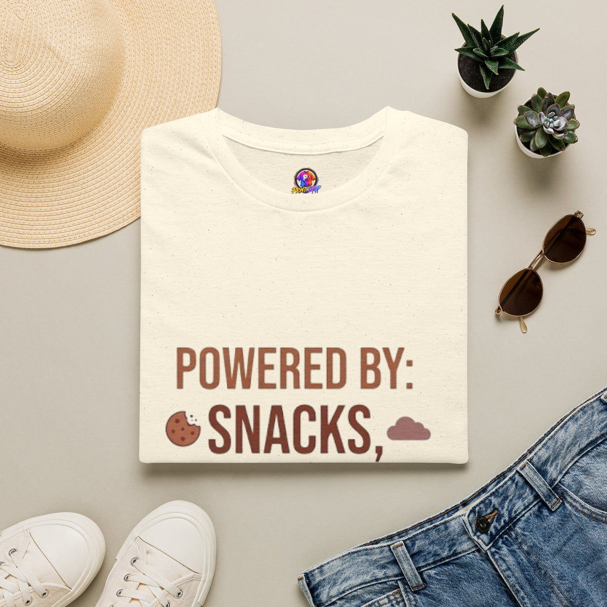 Powered By: Snacks, Naps & Stubbornness T-Shirt — Funny Casual Graphic Tee