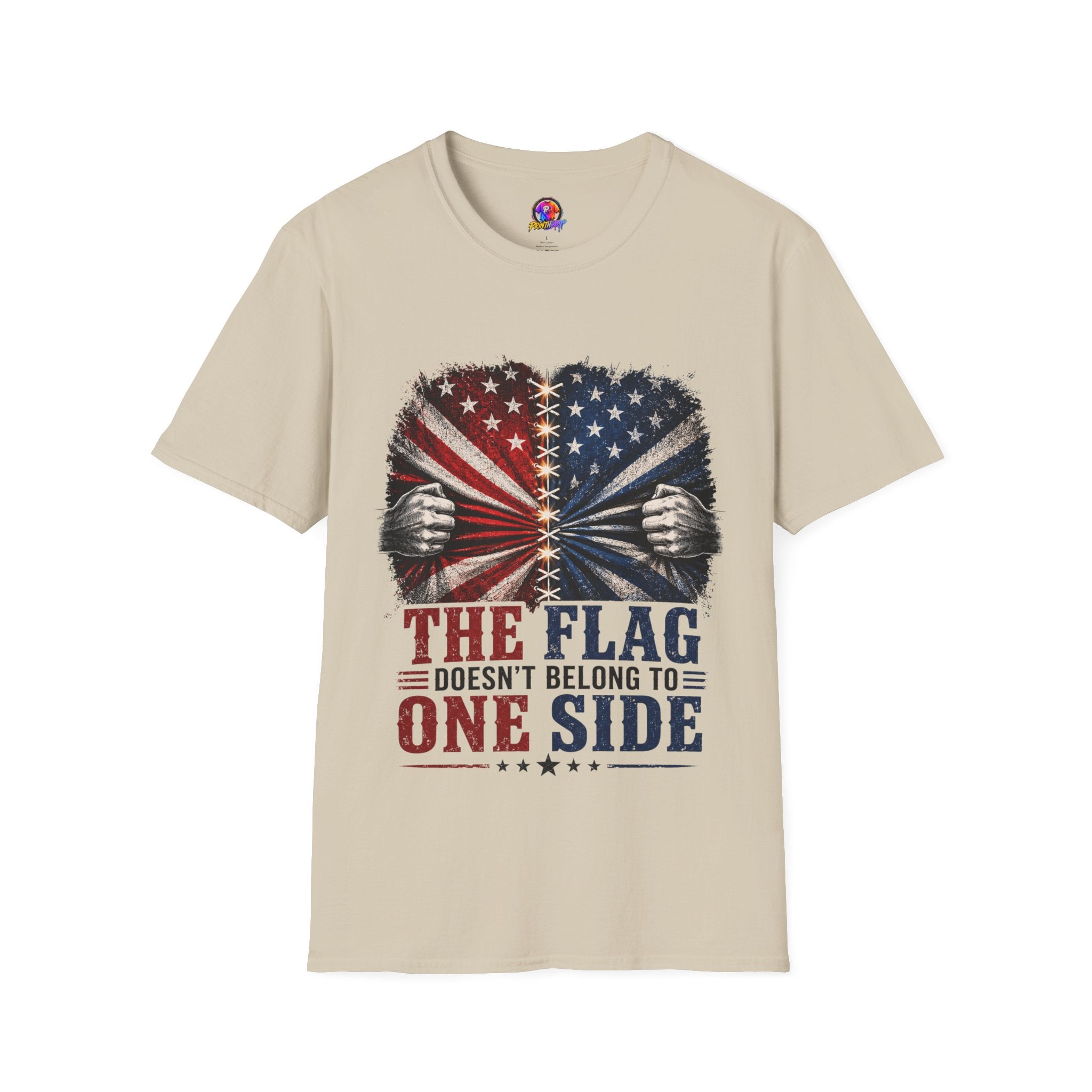 T-Shirt — "The Flag Doesn't Belong to One Side" Distressed American Flag Graphic