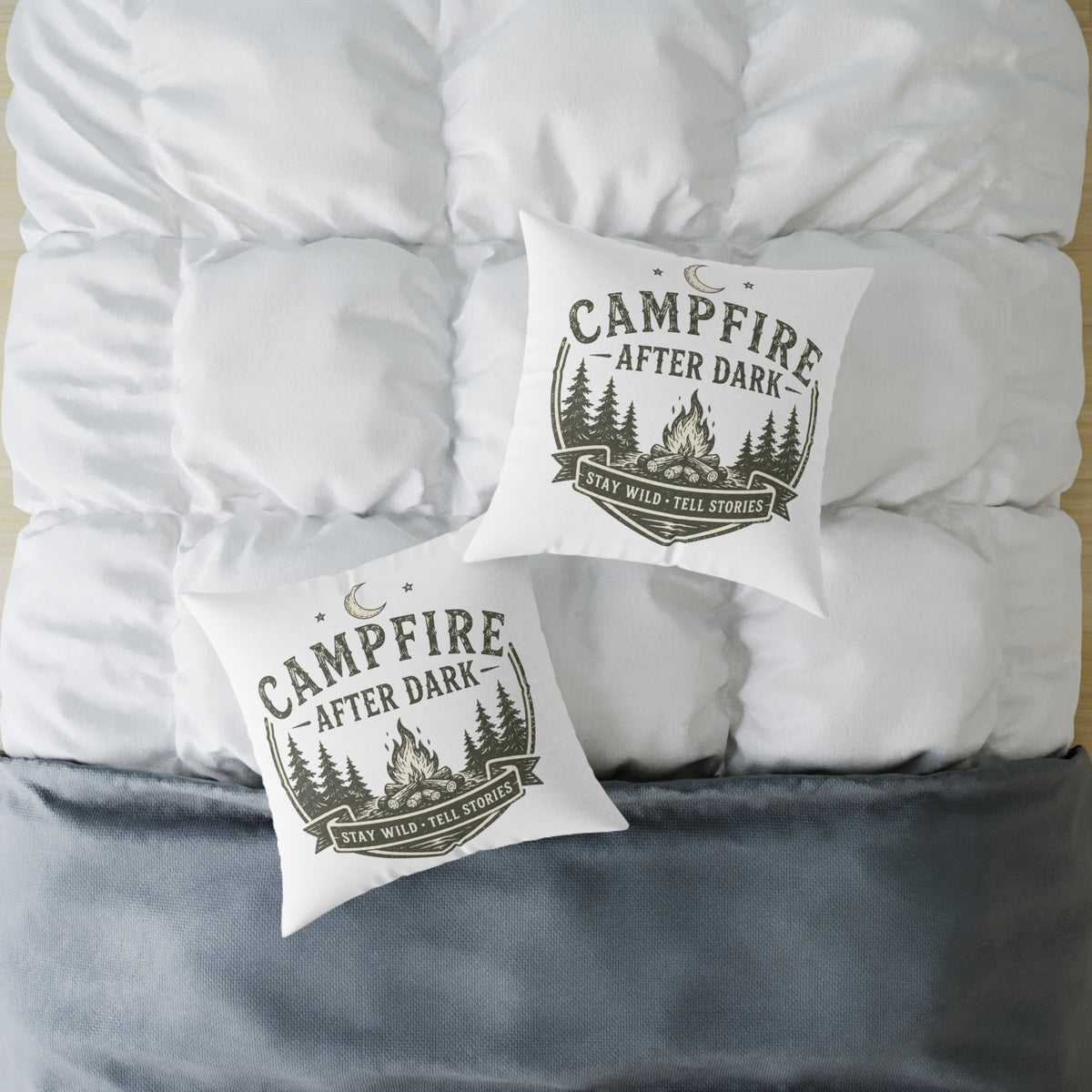 Milo Bailey Dog Dad Mom Pillow — Campfire After Dark Decorative Throw Pillow (Stay Wild, Tell Stories)