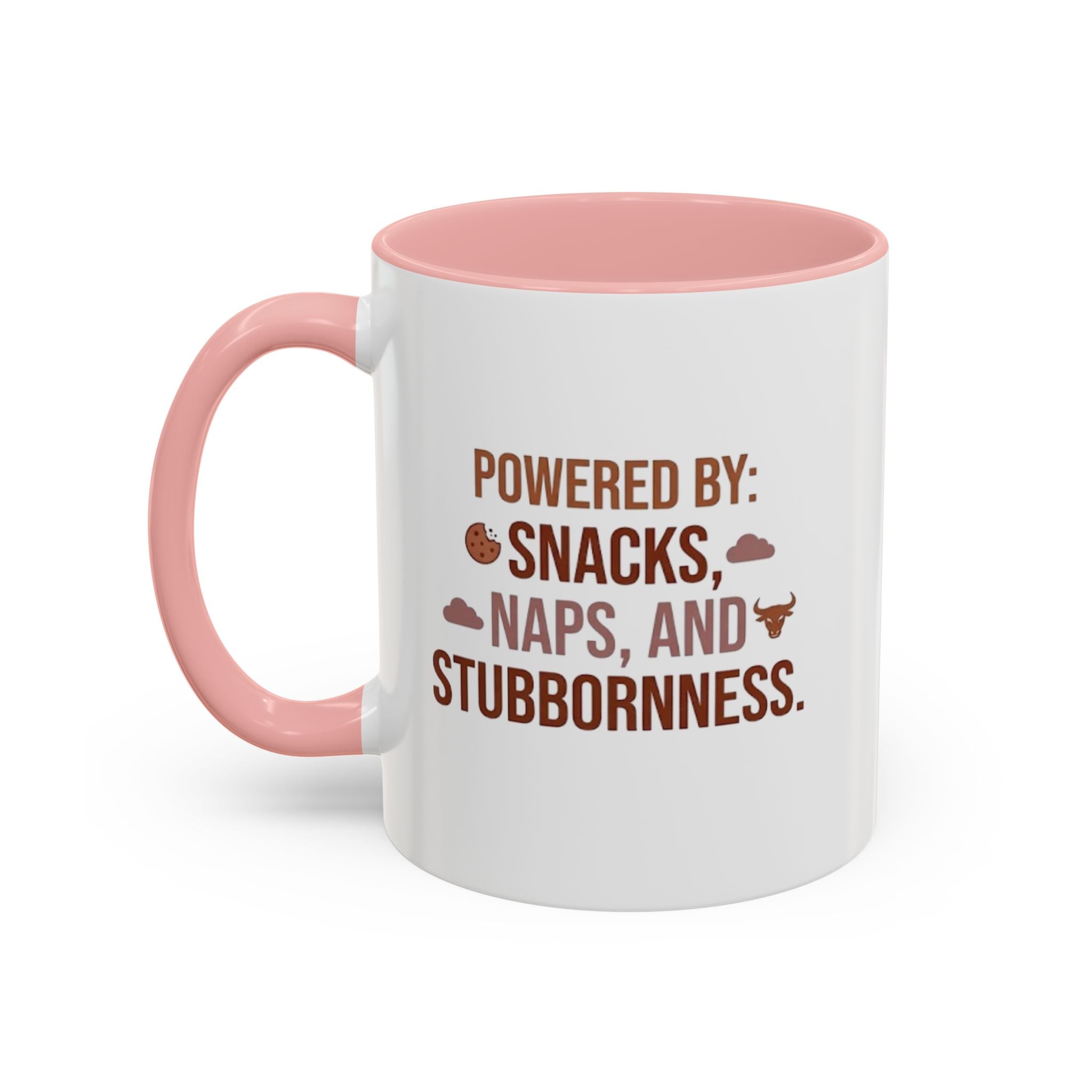 Coffee Mug — "Powered by: Snacks, Naps, and Stubbornness" Ceramic Accent Mug