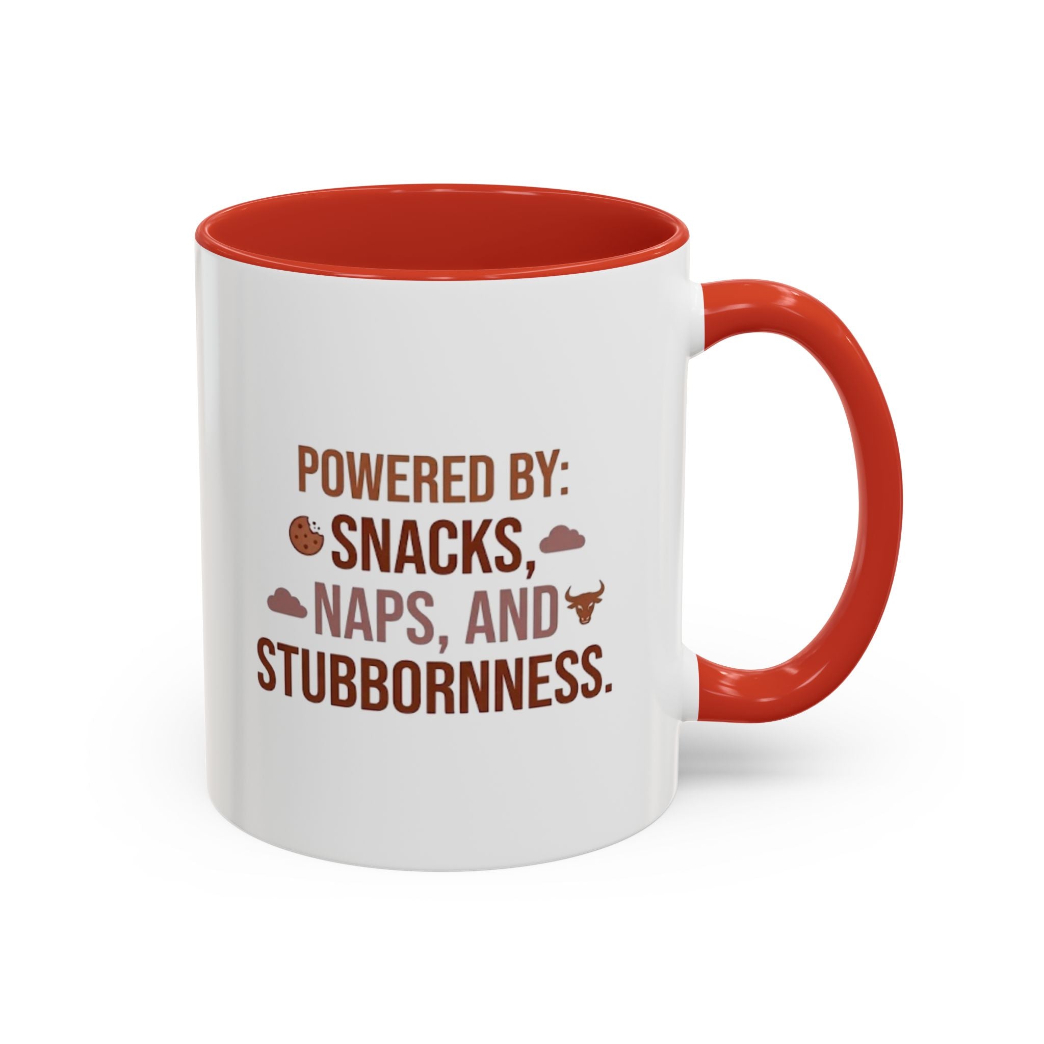 Coffee Mug — "Powered by: Snacks, Naps, and Stubbornness" Ceramic Accent Mug