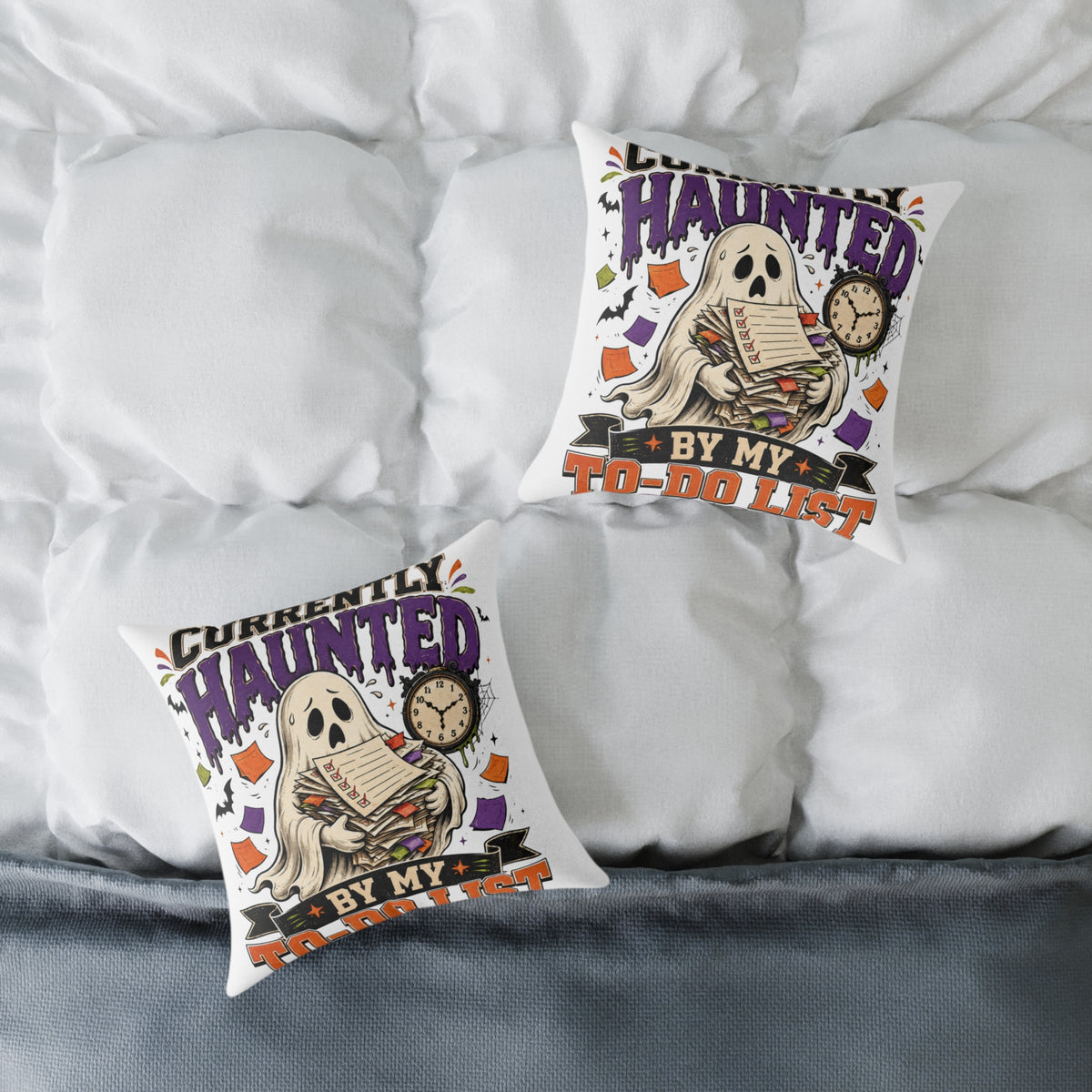 Halloween Haunted By My To-Do List Square Pillow — Funny Halloween Ghost Decorative Throw Pillow