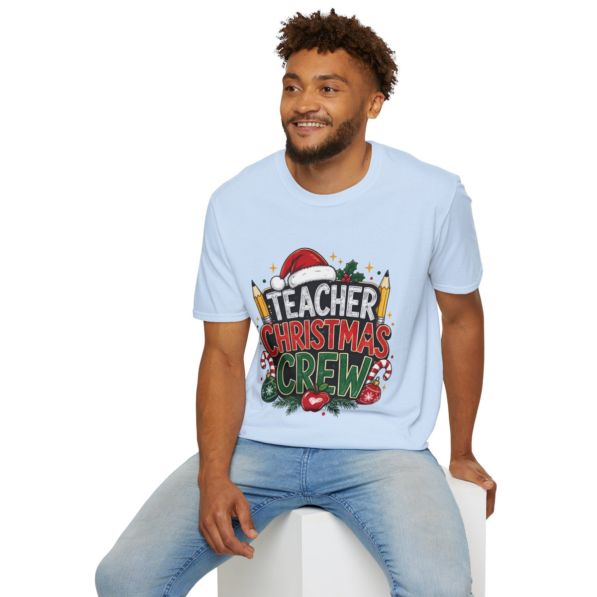 Teacher Christmas Crew T-Shirt — Holiday School Staff Tee with Santa Hat & Pencils