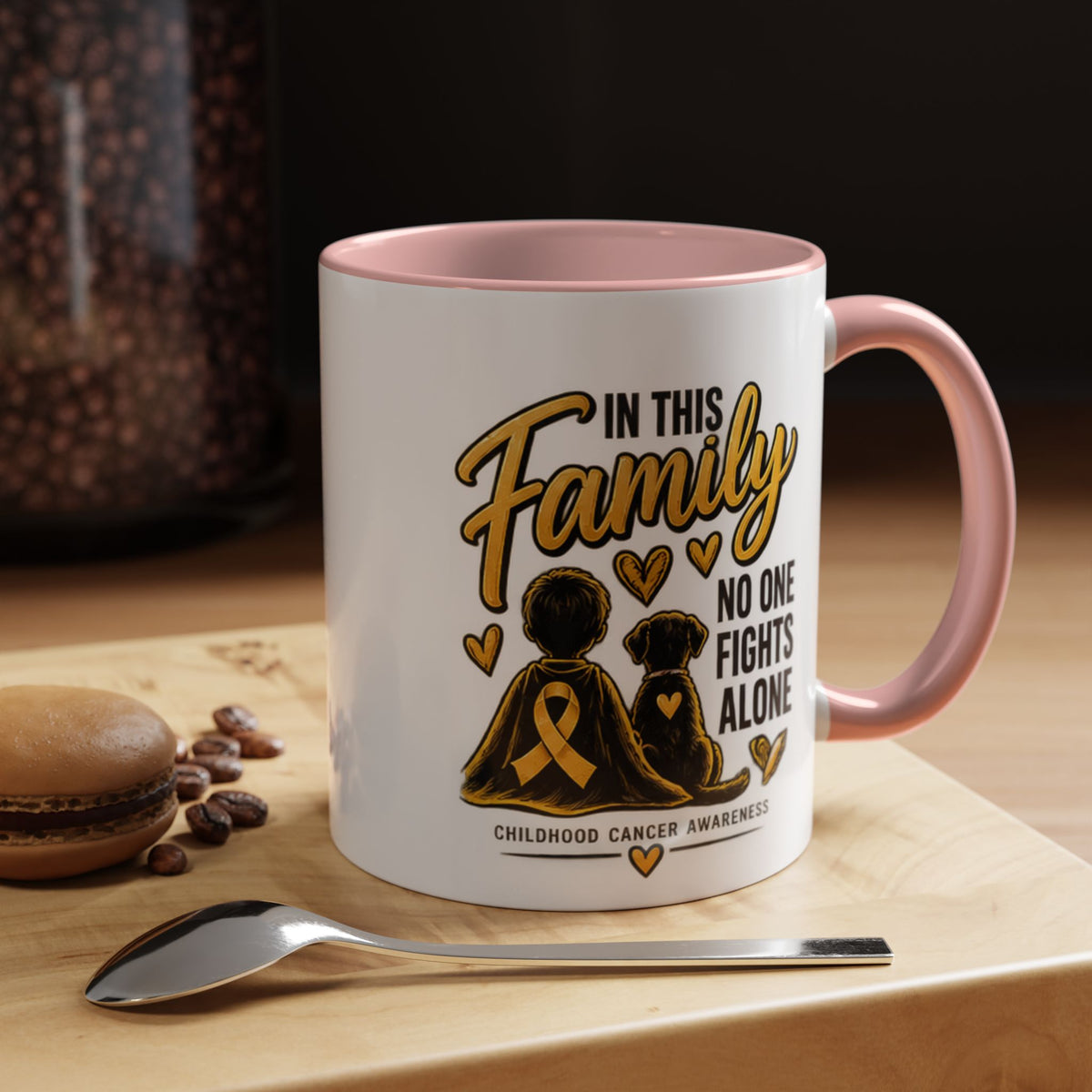 Childhood Cancer Awareness Coffee Mug — "In This Family No One Fights Alone"