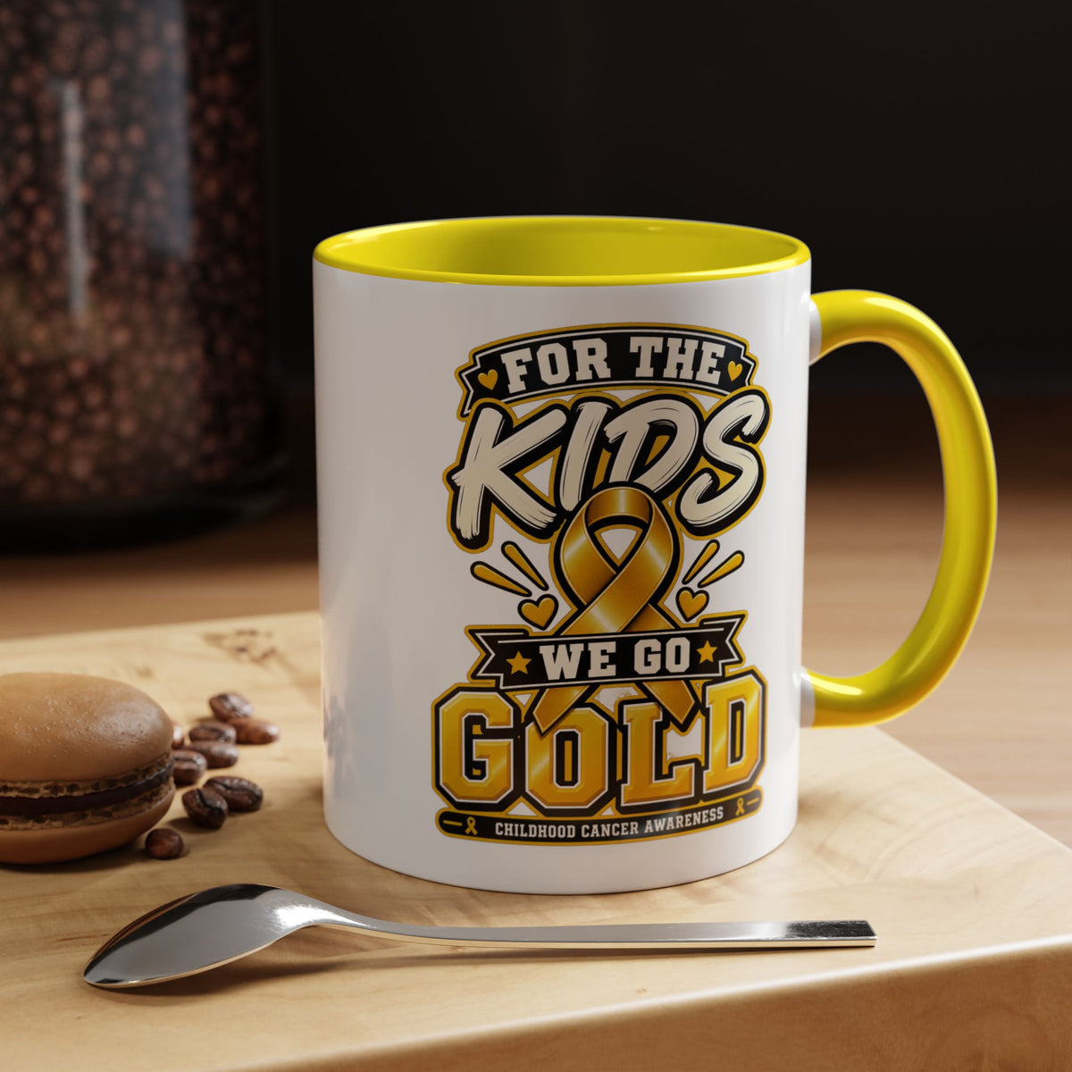 For The Kids We Go Gold Accent Coffee Mug — Childhood Cancer Awareness 11/15oz