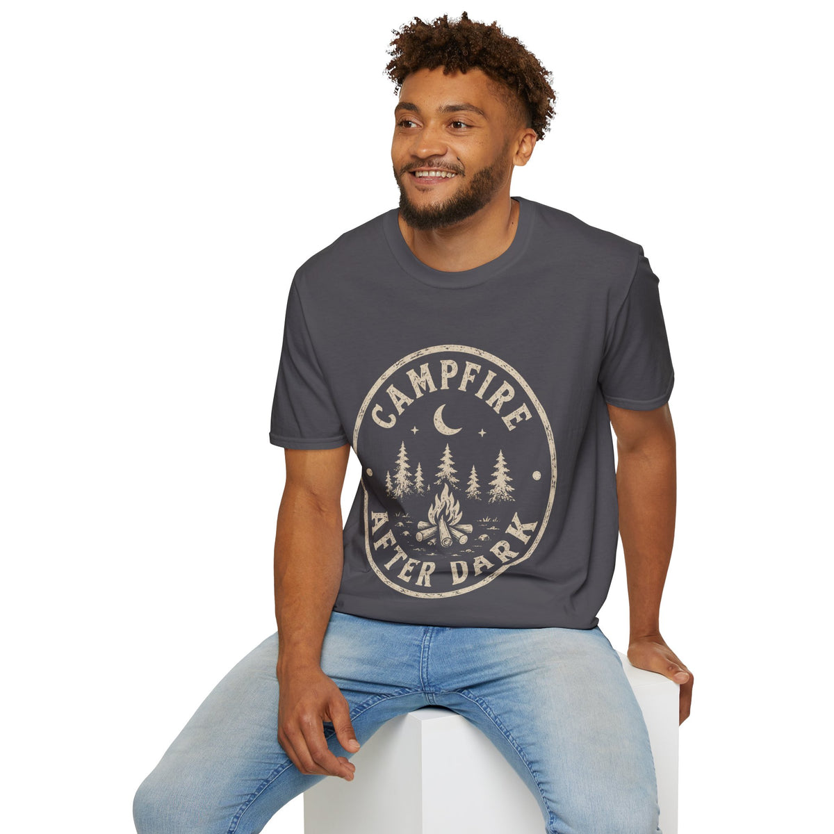 Campfire T-Shirt — 'Campfire After Dark' Vintage Moon & Trees Graphic
