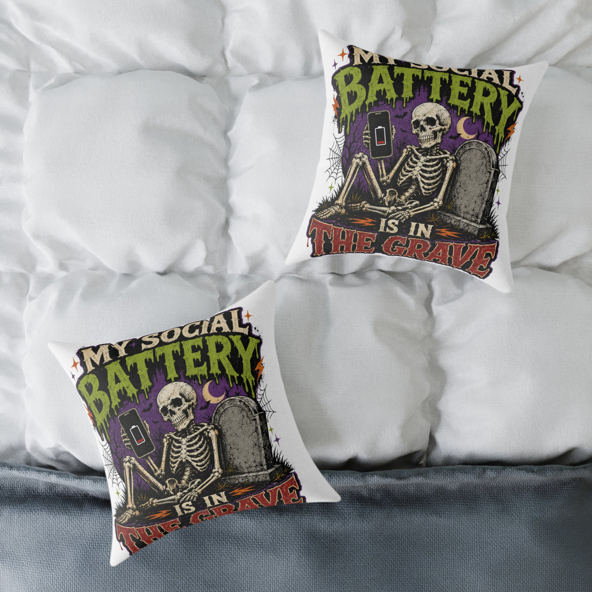 Halloween Skull Pillow — “My Social Battery Is In The Grave” Gothic Decorative Throw Pillow