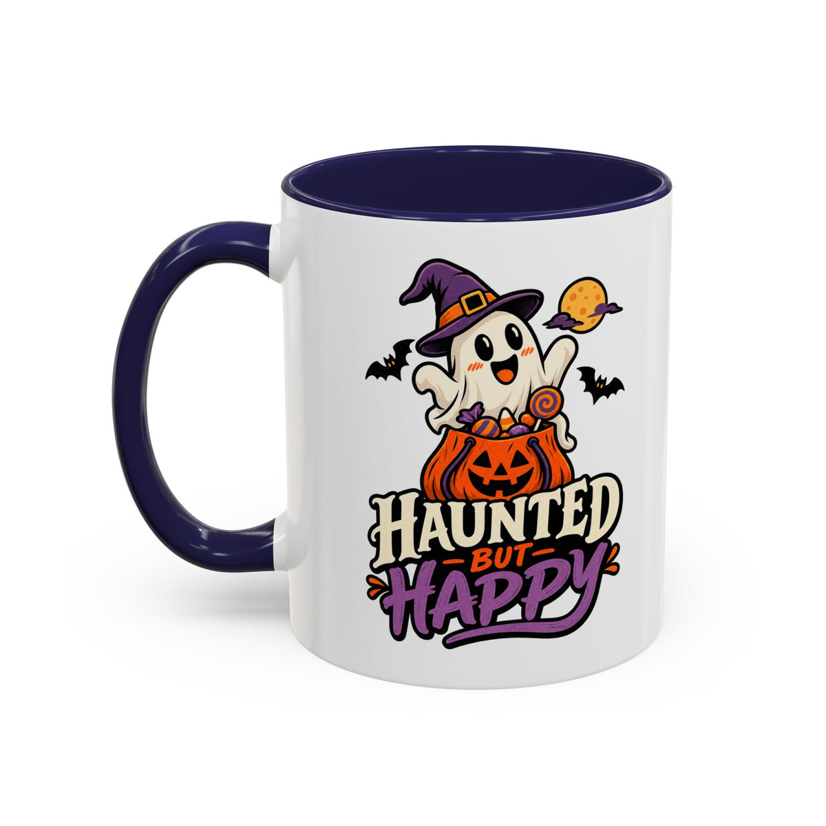 Haunted But Happy Coffee Mug — Halloween Ghost Pumpkin Accent Mug (11/15oz)