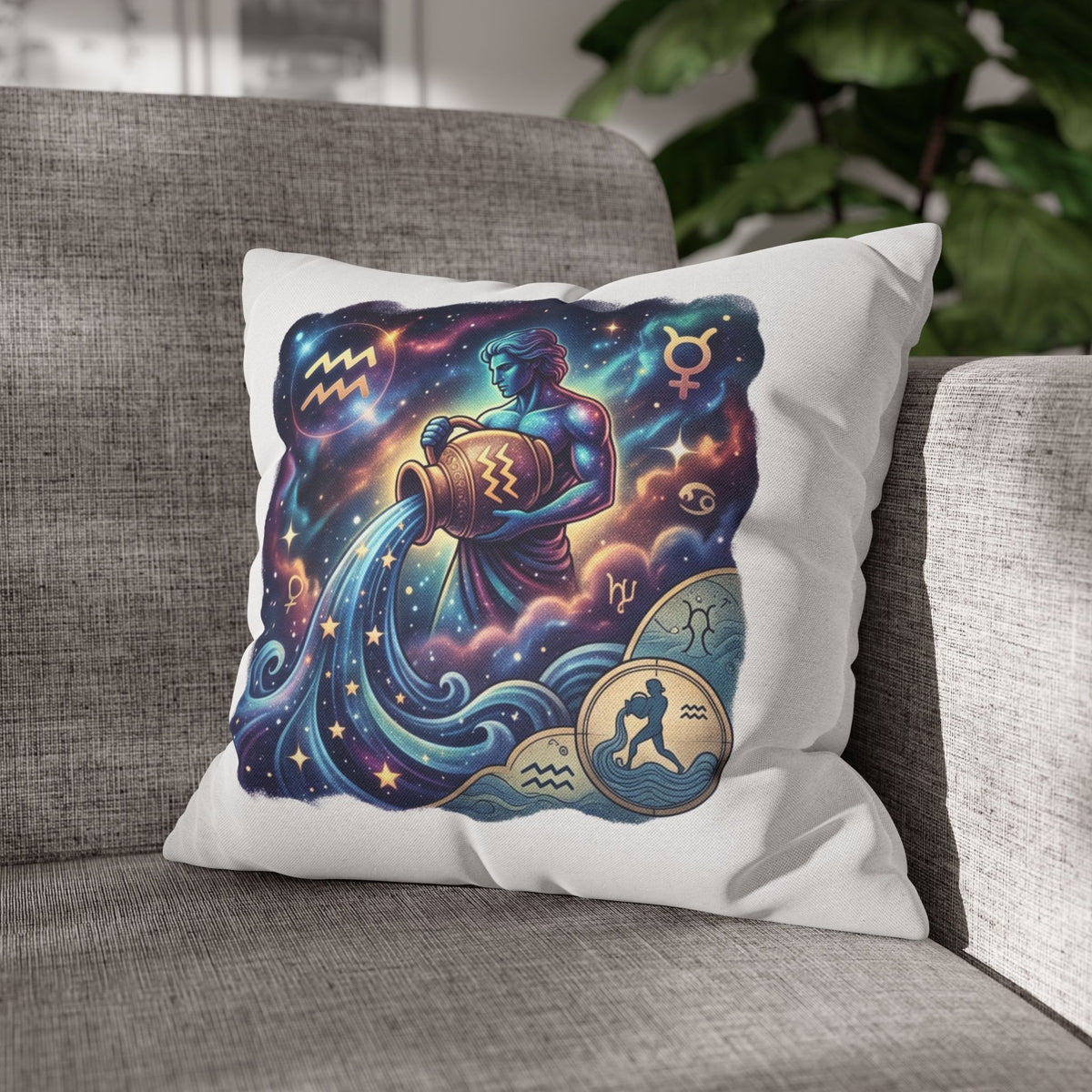 Aquarius Zodiac Pillowcase — Water Bearer Astrology Cushion Cover