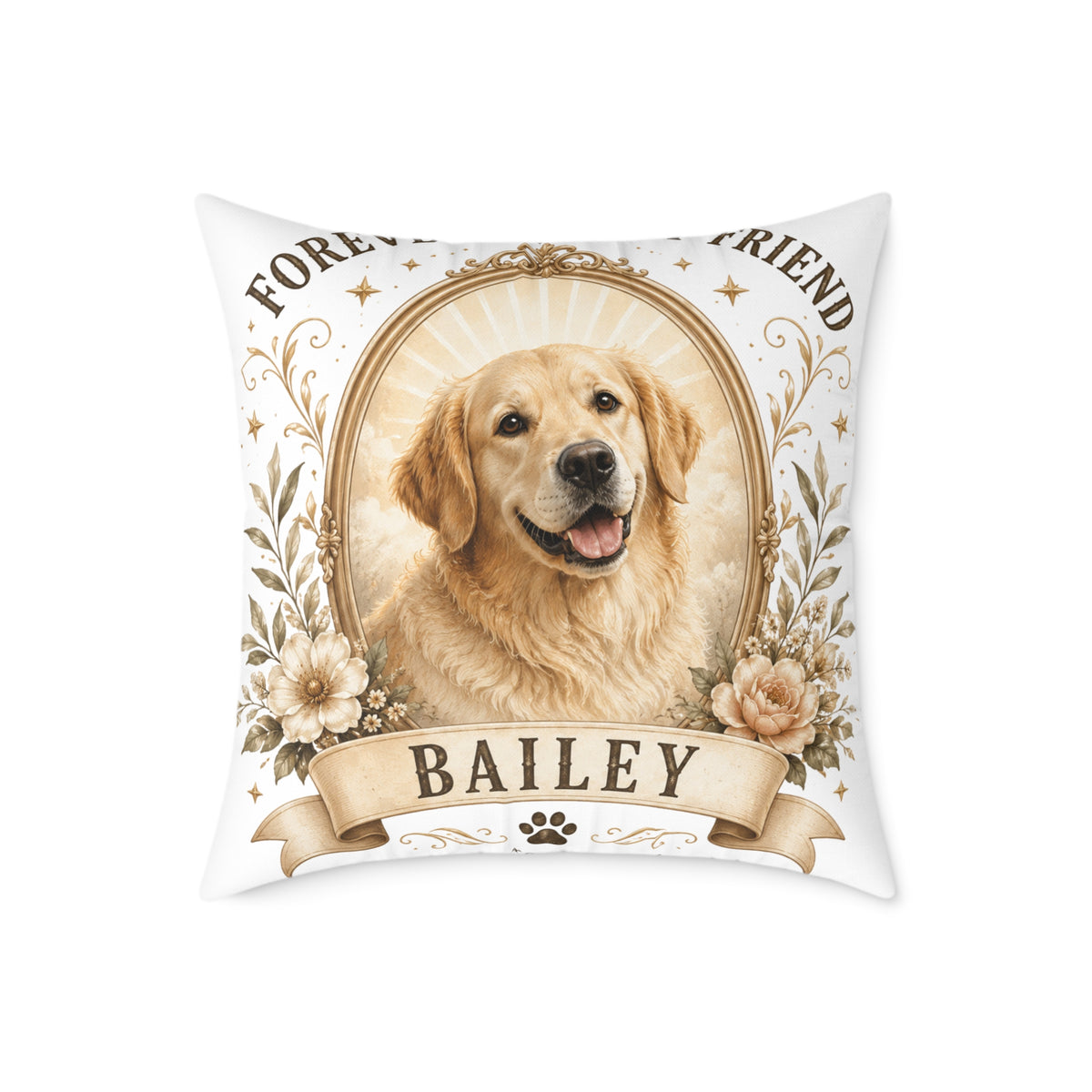 Pet Memorial Pillow Milo Bailey Dog Dad Mom— Personalized "Bailey" Golden Retriever Tribute Square Pillow