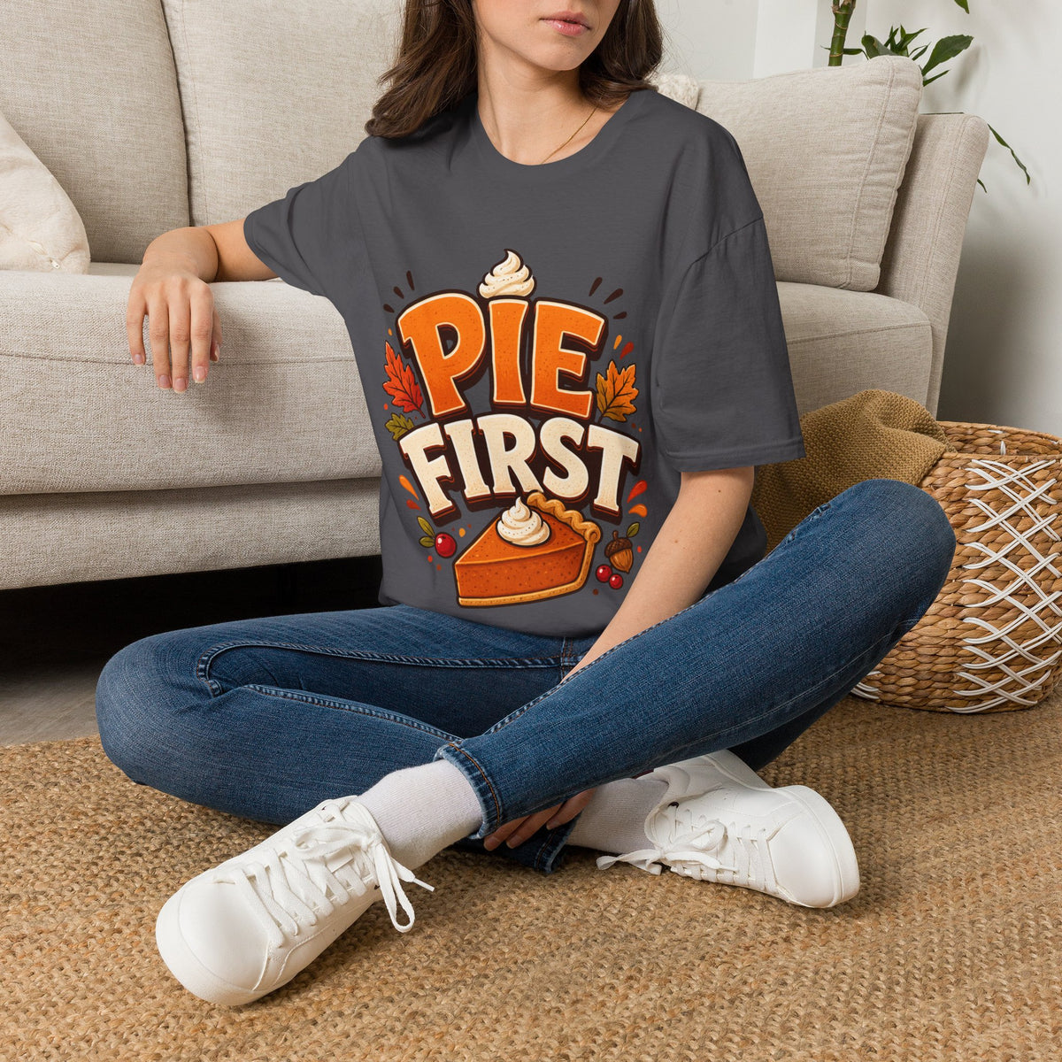 Thanksgiving T-Shirt Pie First T-Shirt — Funny Thanksgiving Pumpkin Pie Graphic Tee