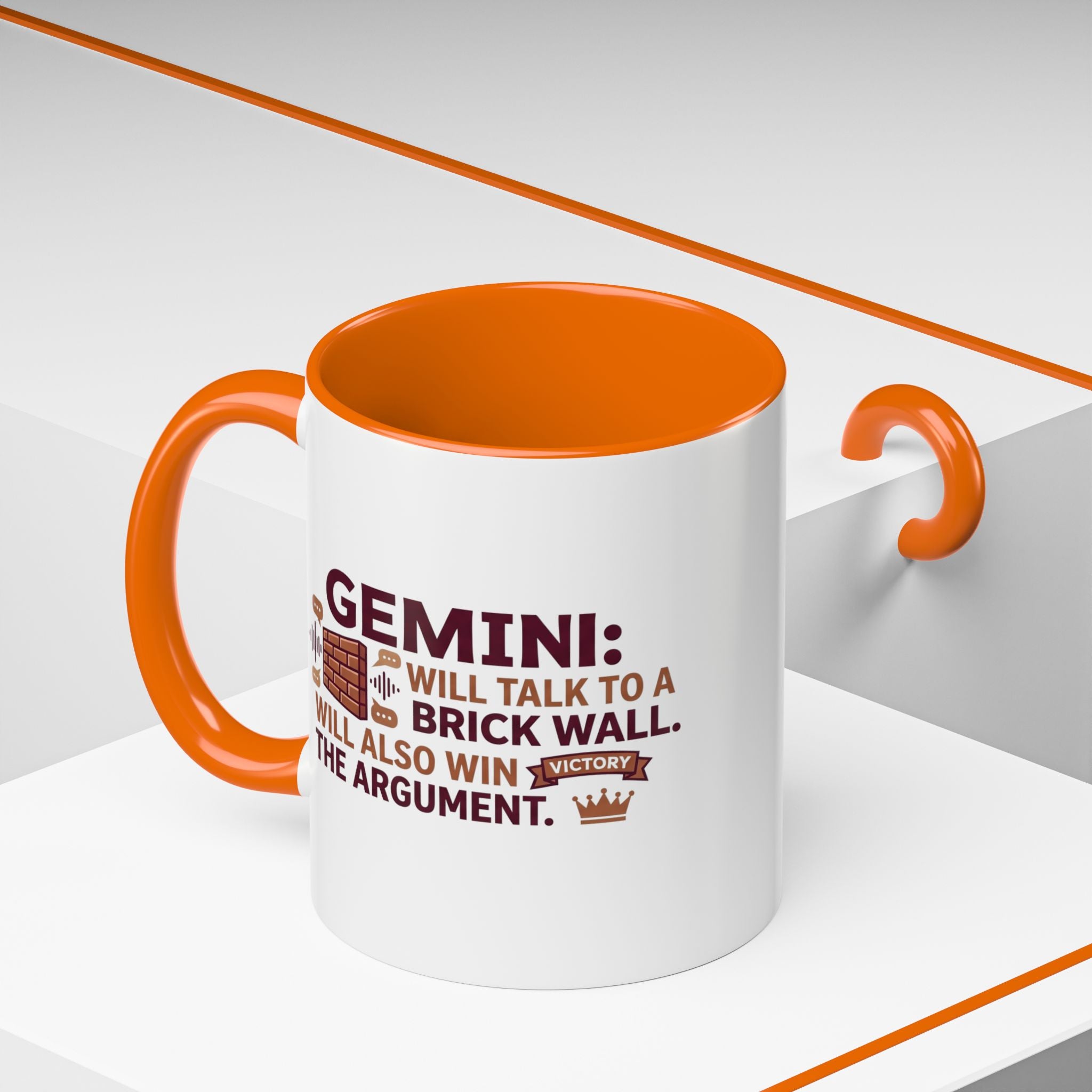 Gemini Coffee Mug — “Gemini: Will Talk to a Brick Wall, Will Also Win the Argument” Accent Mug