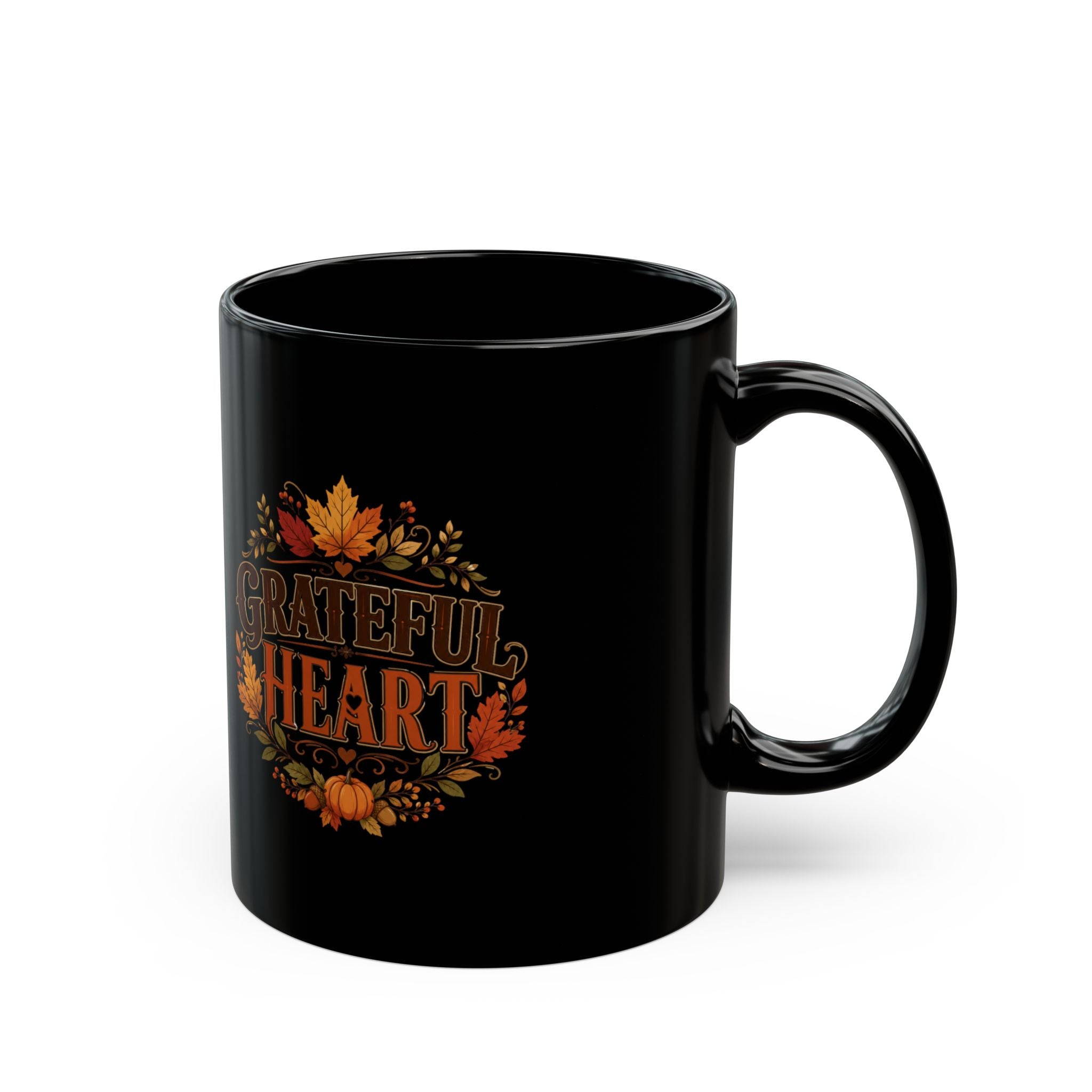 Thanksgiving Black Mug Grateful Heart Fall Mug — Black Ceramic Coffee Cup
