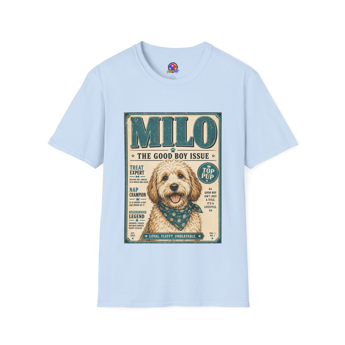 Milo 'The Good Boy Issue' Dog T‑Shirt — Vintage Puppy Magazine Design