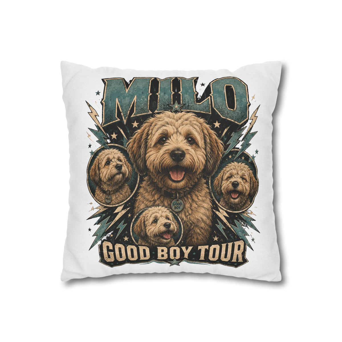 Milo "Good Boy Tour" Decorative Pillowcase — Cute Dog Portrait Square Throw Pillowcase Milo Bailey Dog Dad Mom