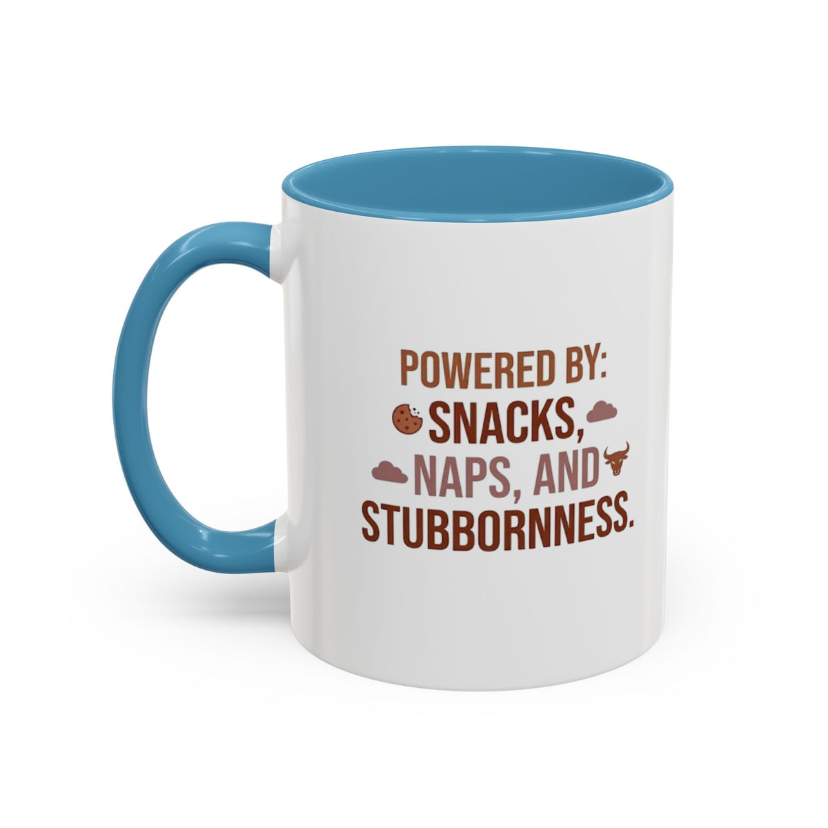 Taurus Coffee Mug - "Powered by Snacks, Naps, and Stubbornness" Accent Ceramic Mug
