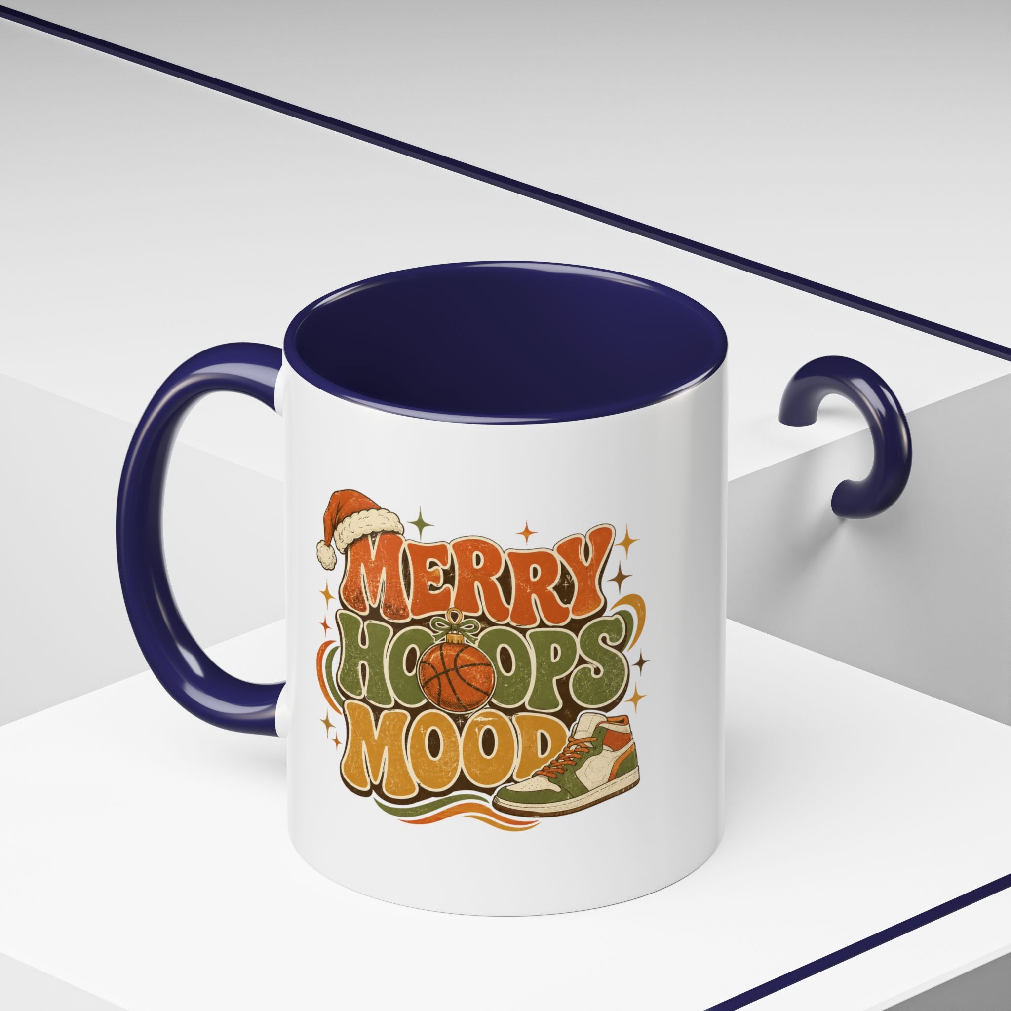 Modern Day Christmas Merry Hoops Mood Accent Coffee Mug — Retro Basketball Christmas Design