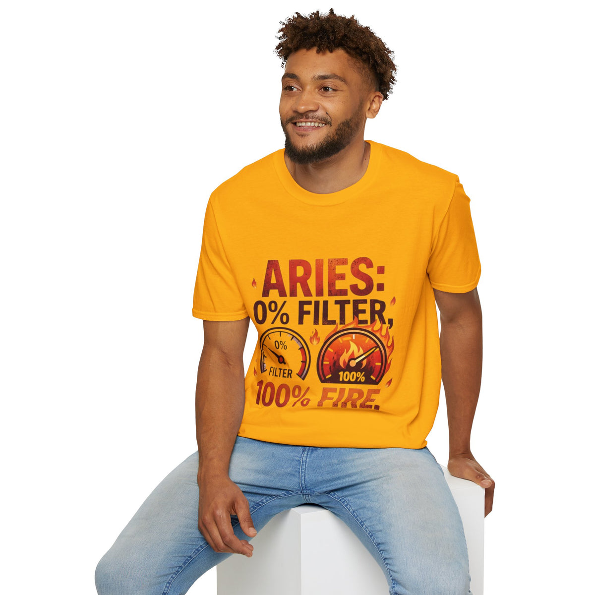 Aries T-Shirt — "Aries: 0% Filter, 100% Fire" Bold Zodiac Tee