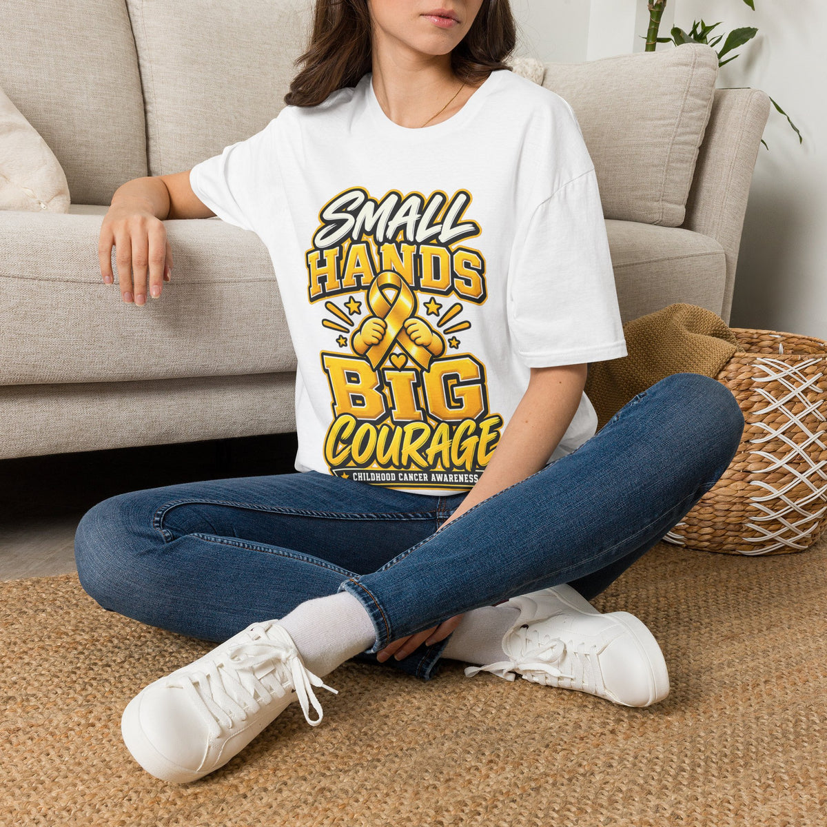 Children's Cancer Awareness T-Shirt — "Small Hands Big Courage" Yellow Ribbon
