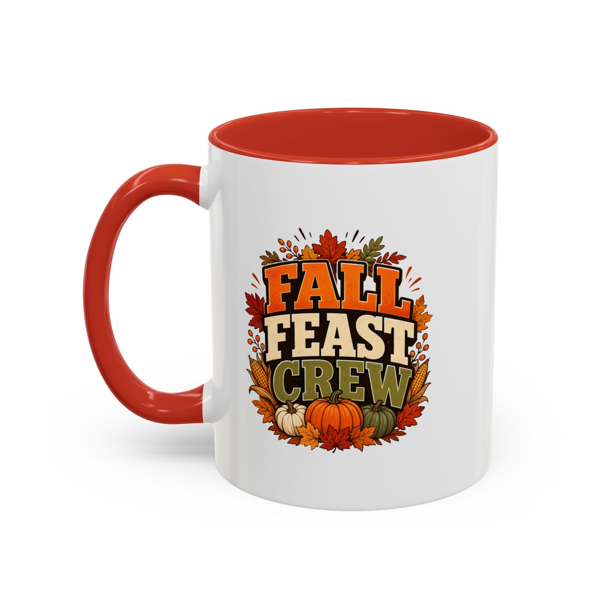 Thanksgiving Mug Fall Feast Crew Coffee Mug — Autumn Pumpkin & Leaves Accent Mug
