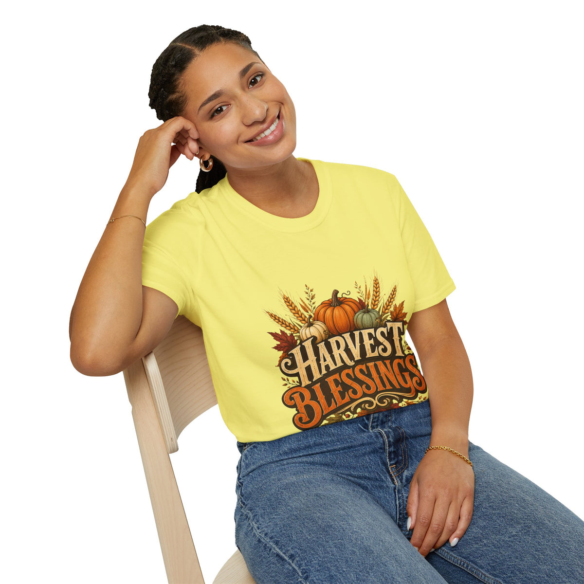 Thanksgiving T-Shirt Harvest Blessings T-Shirt — Fall Pumpkin & Wheat Autumn Tee