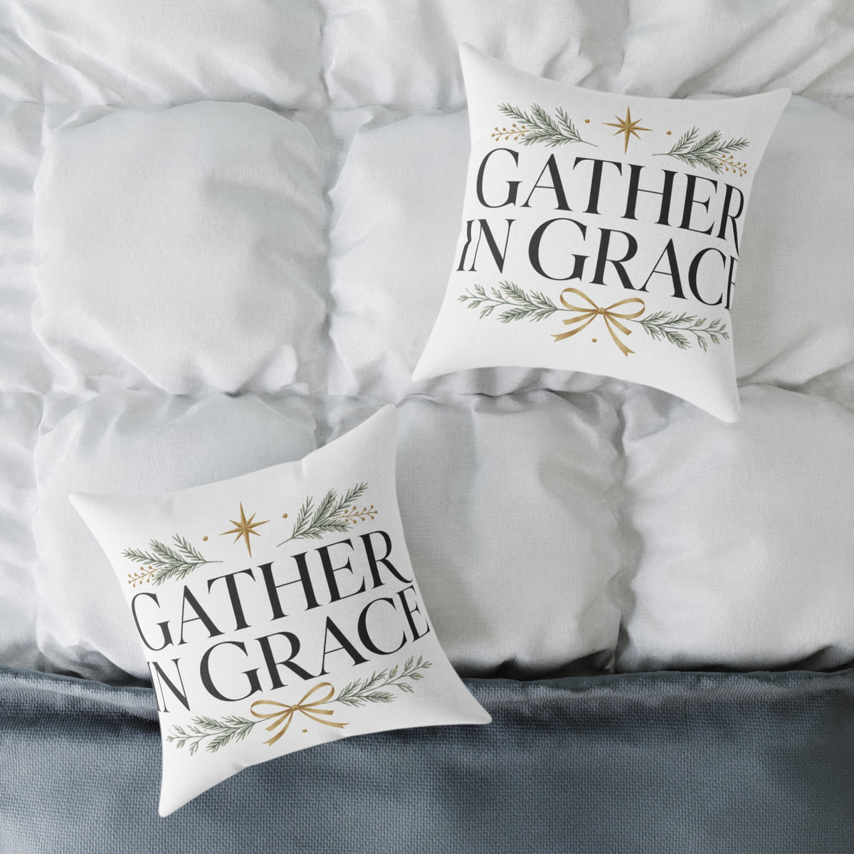 Christmas Gather in Grace Holiday Pillow - Square Poly Canvas Throw Pillow
