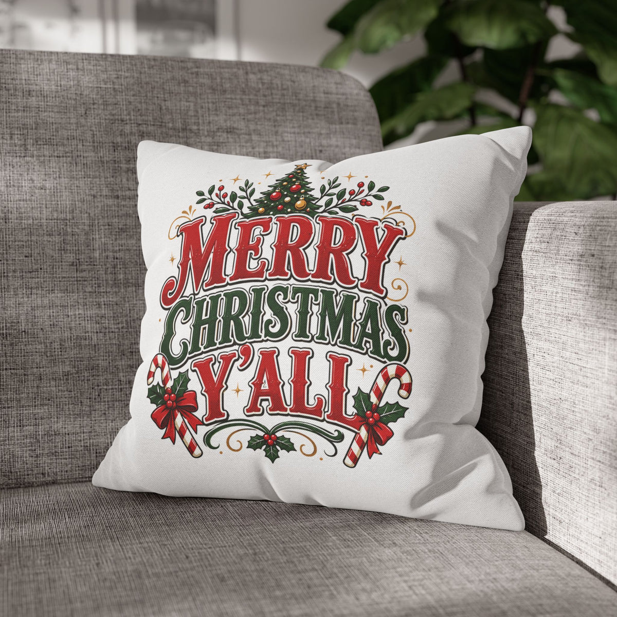 Christmas Square Pillowcase — Merry Christmas Y'all Holiday Decorative Pillow