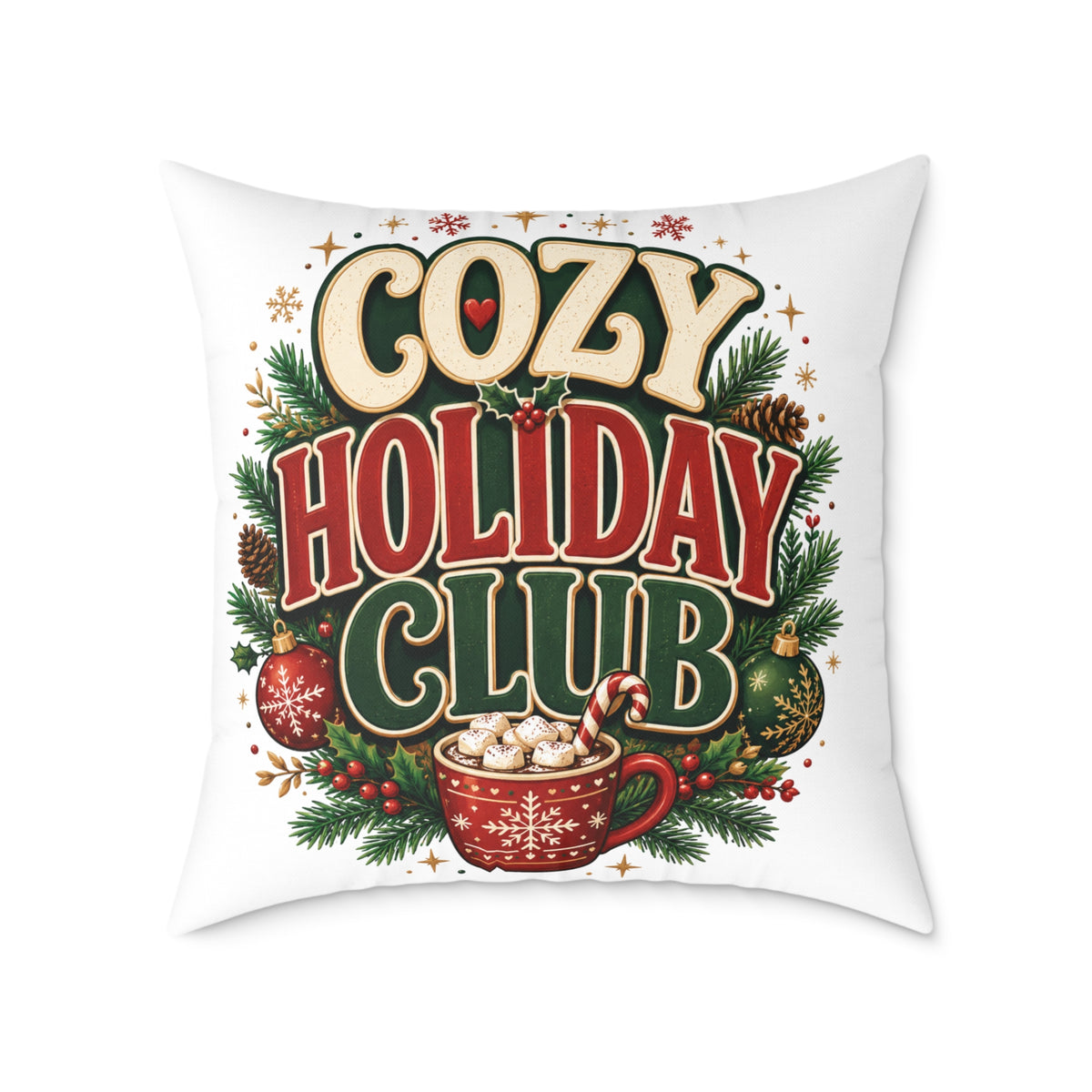 Christmas Cozy Holiday Club Throw Pillow – Festive Christmas Cocoa Decorative Cushion