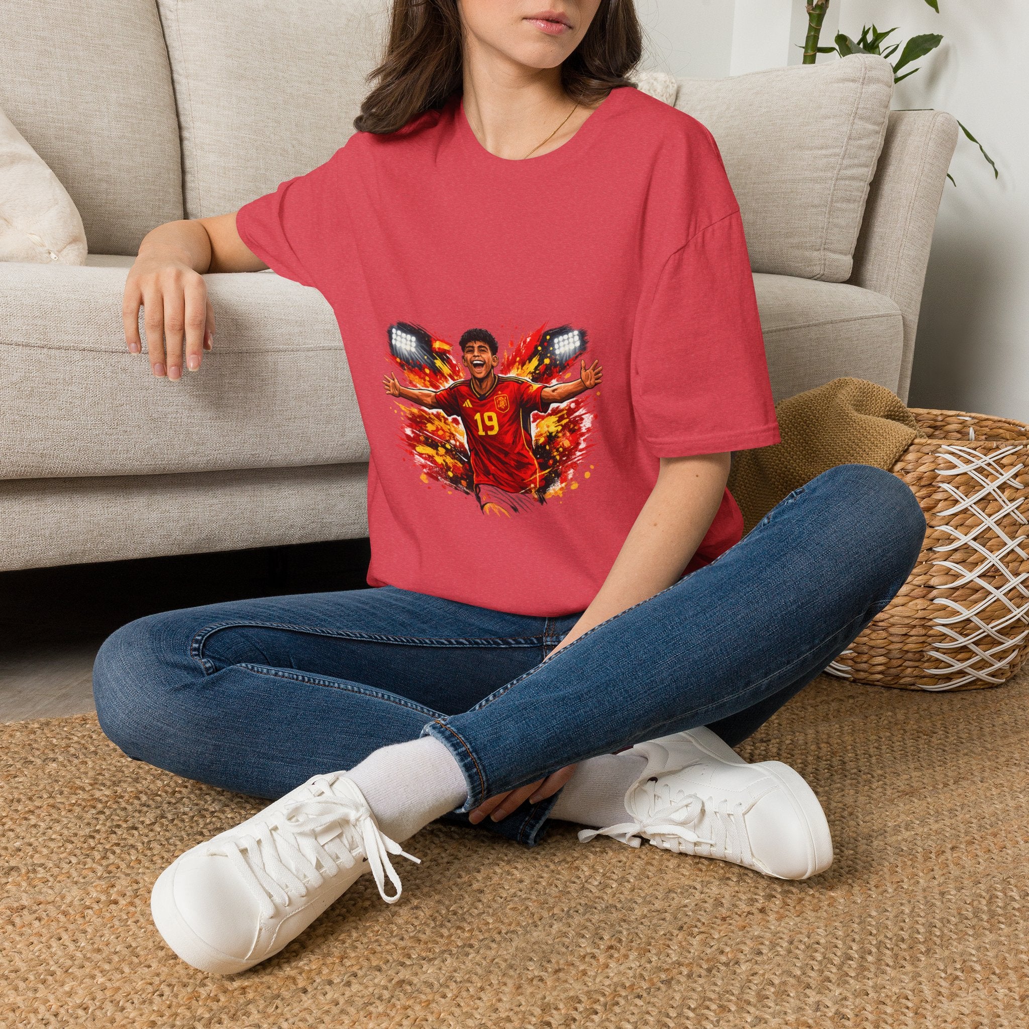 Spain Soccer Fan Portrait T‑Shirt – Fiery Goal Celebration Design