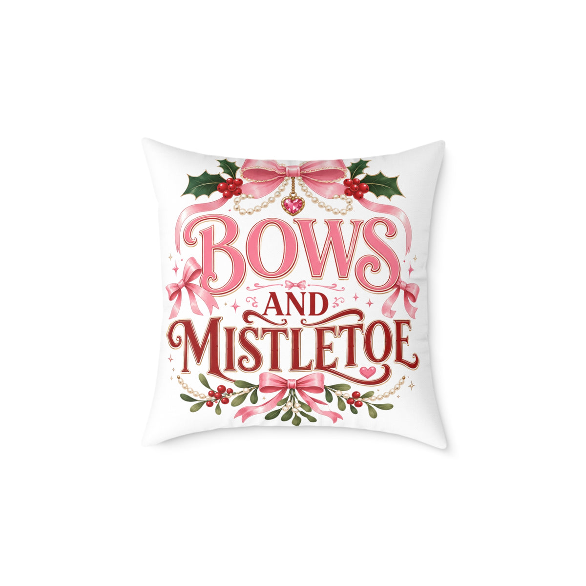 Christmas Bows And Mistletoe Square Poly Canvas Pillow
