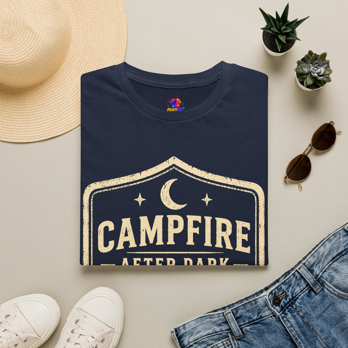 Campfire After Dark T-Shirt — Retro Camping Badge Tee for Outdoor Lovers