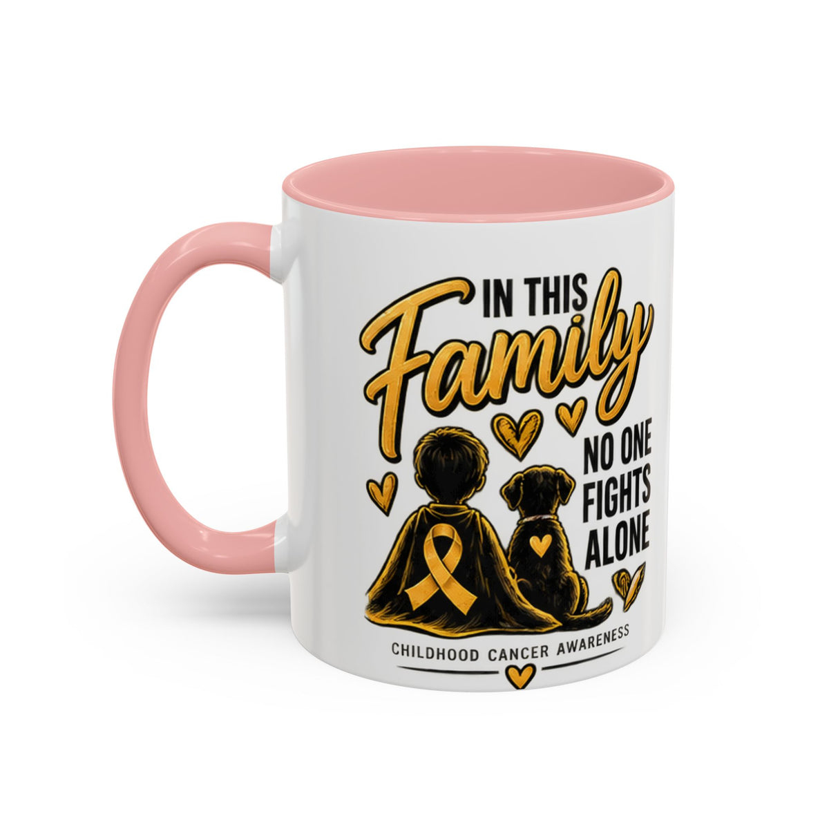 Childhood Cancer Awareness Accent Coffee Mug – "In This Family No One Fights Alone" (11/15oz)