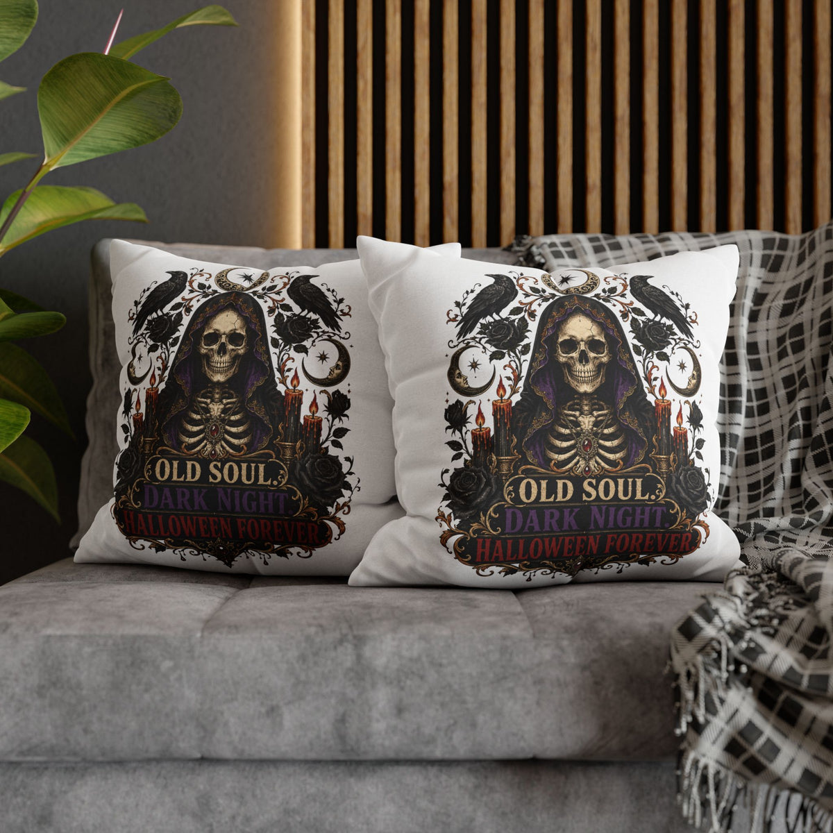 Halloween Skull Pillowcase — "Old Soul Dark Night" Spun Polyester Square Pillow