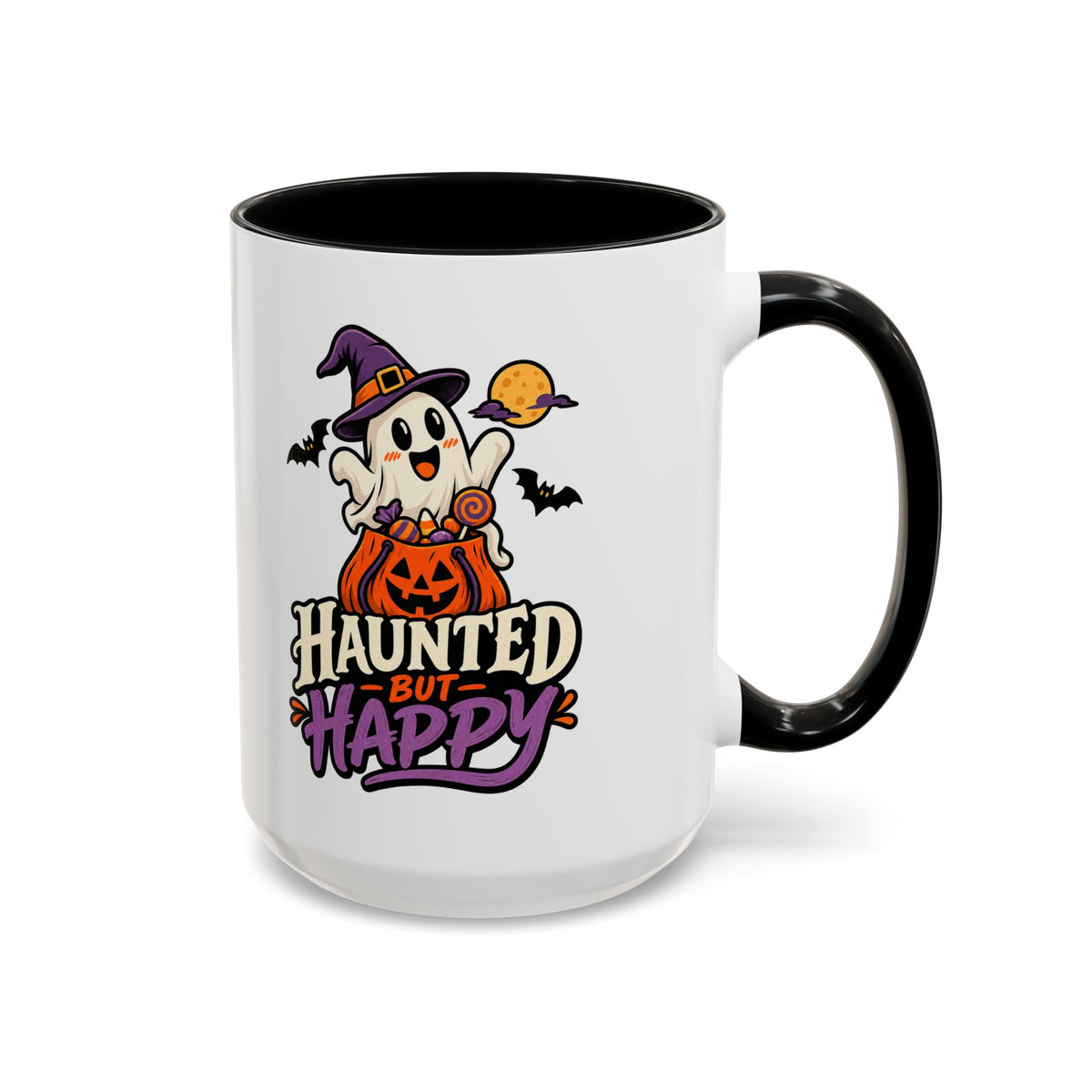 Haunted But Happy Coffee Mug — Halloween Ghost Pumpkin Accent Mug (11/15oz)