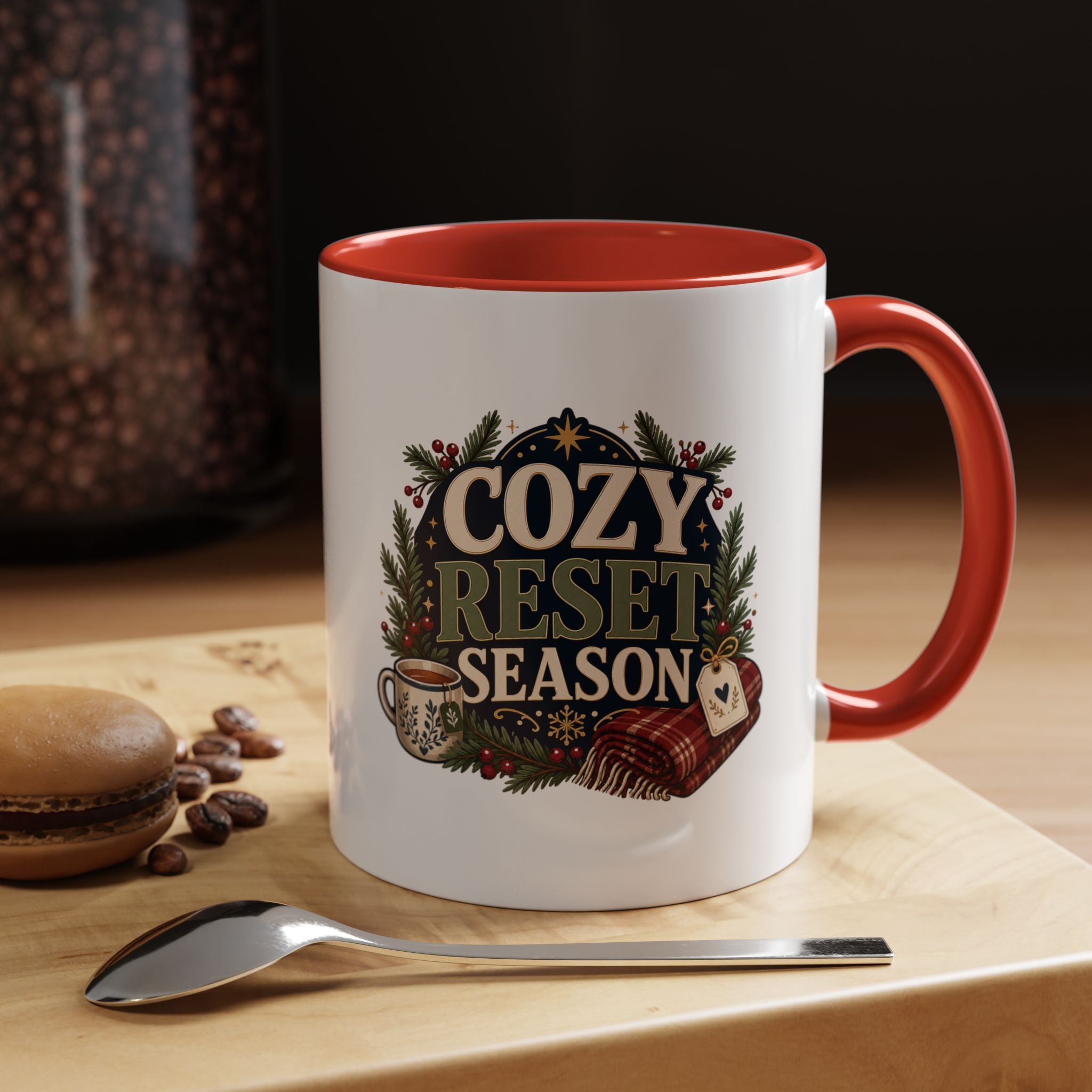 Modern Day Christmas Cozy Reset Season Mug — Holiday Coffee Cup with Blanket & Tea Tag Design