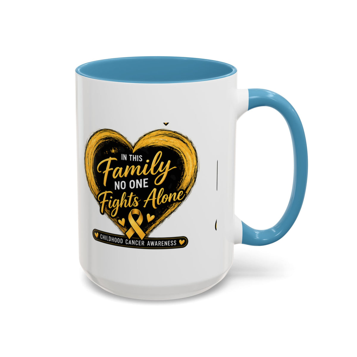 Childhood Cancer Awareness Accent Coffee Mug — "In This Family No One Fights Alone"