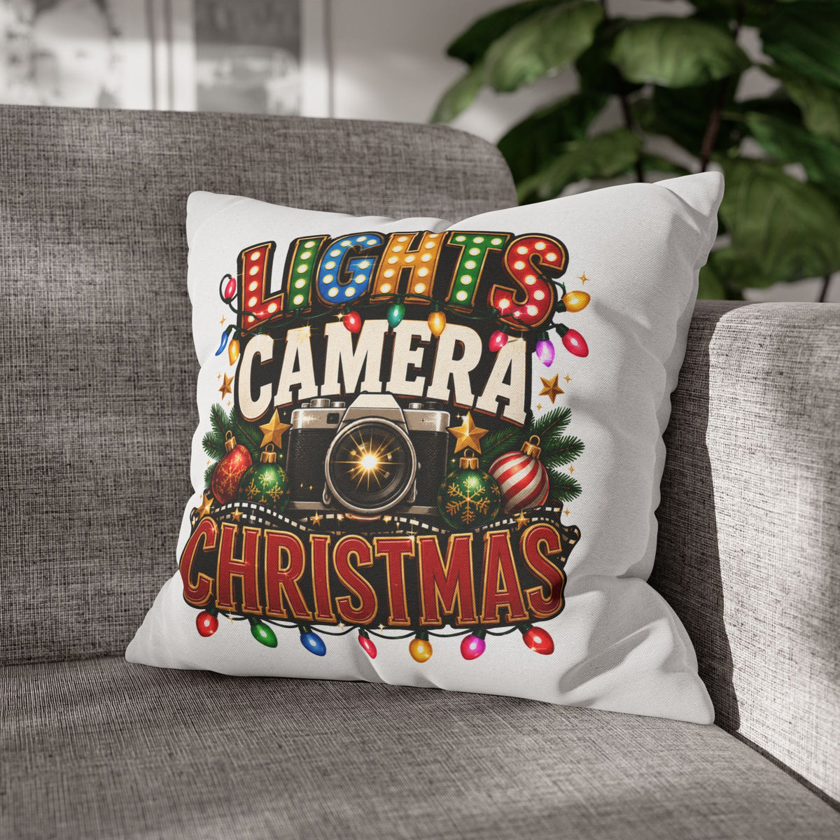 Christmas Photographer Pillowcase – “Lights Camera Christmas” Decorative Throw Pillow