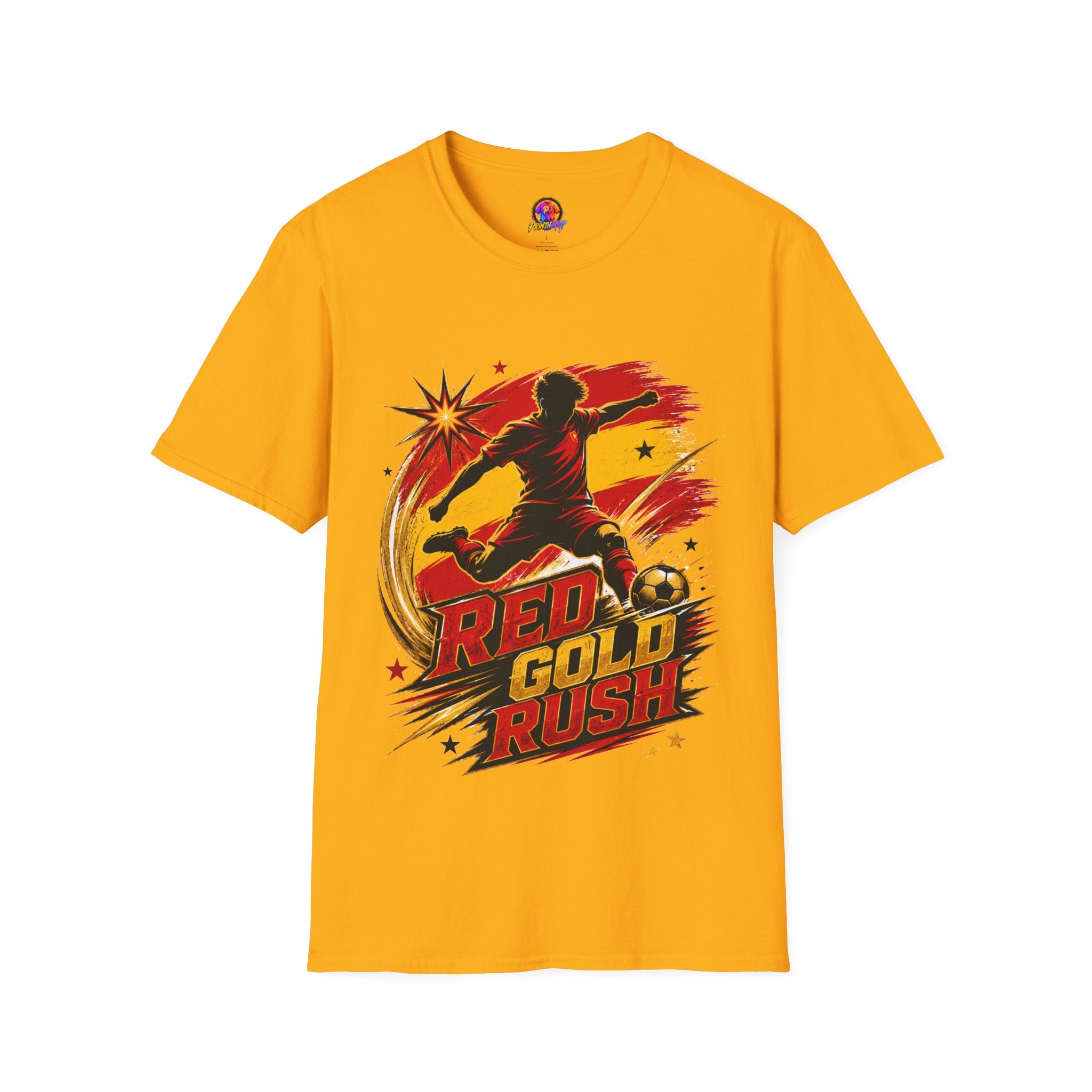 Spain Red & Gold Rush Soccer T-Shirt — Retro Soccer Player Graphic