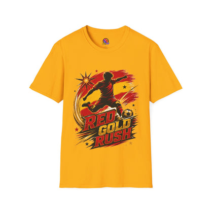 Spain Red & Gold Rush Soccer T-Shirt — Retro Soccer Player Graphic