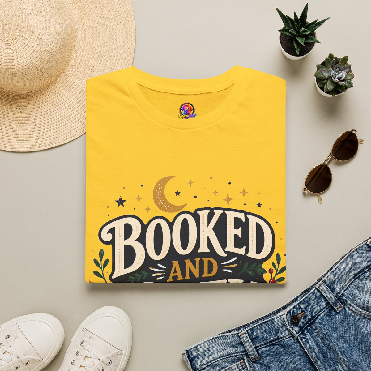 Booked and Cozy T-Shirt — Cozy Reading Graphic Tee (Books, Moon & Stars)