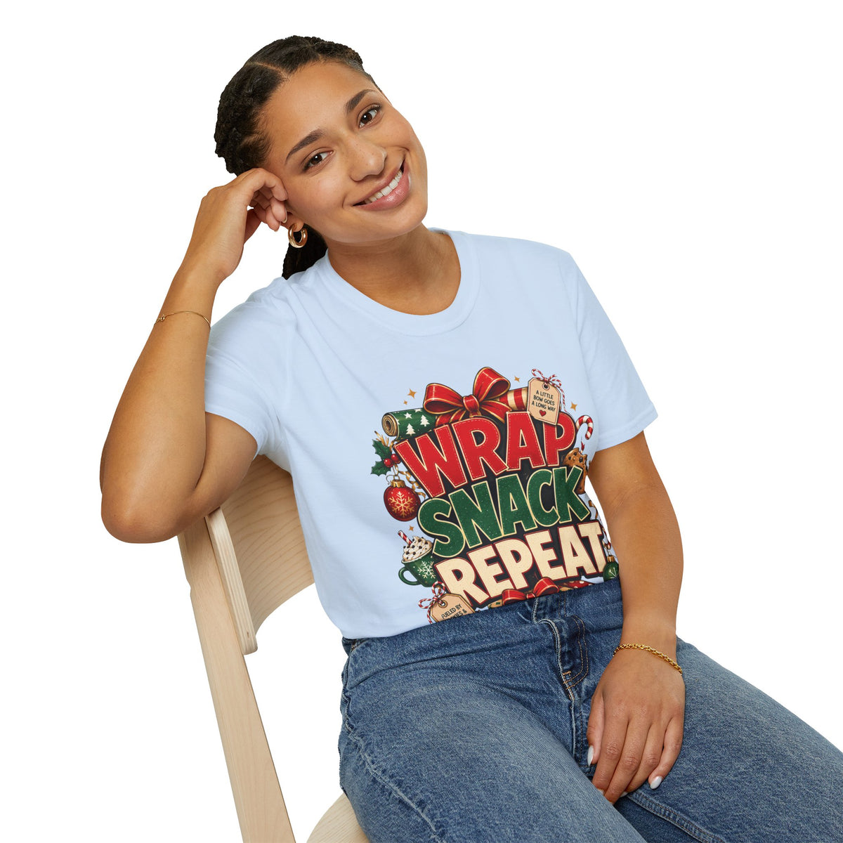 T-Shirt — "Wrap Snack Repeat" Christmas Graphic Tee