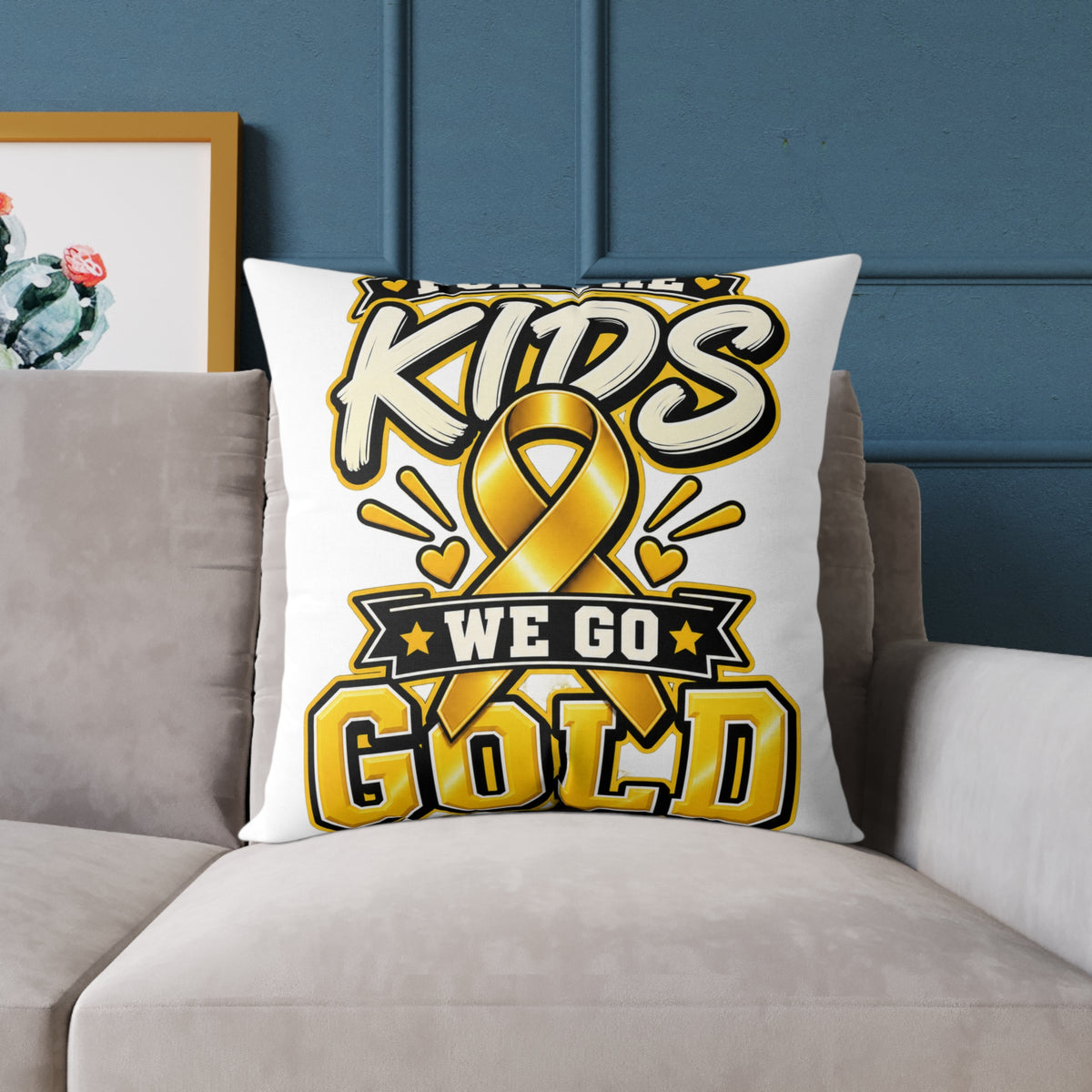 We Go Gold Kids Ribbon Square Throw Pillow — Childhood Cancer Awareness Decor