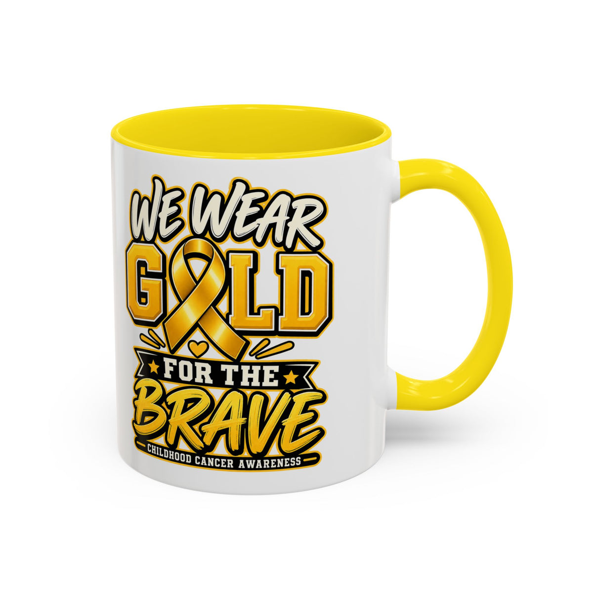 Childhood Cancer Awareness Accent Coffee Mug – "We Wear Gold for the Brave" (11/15 oz)