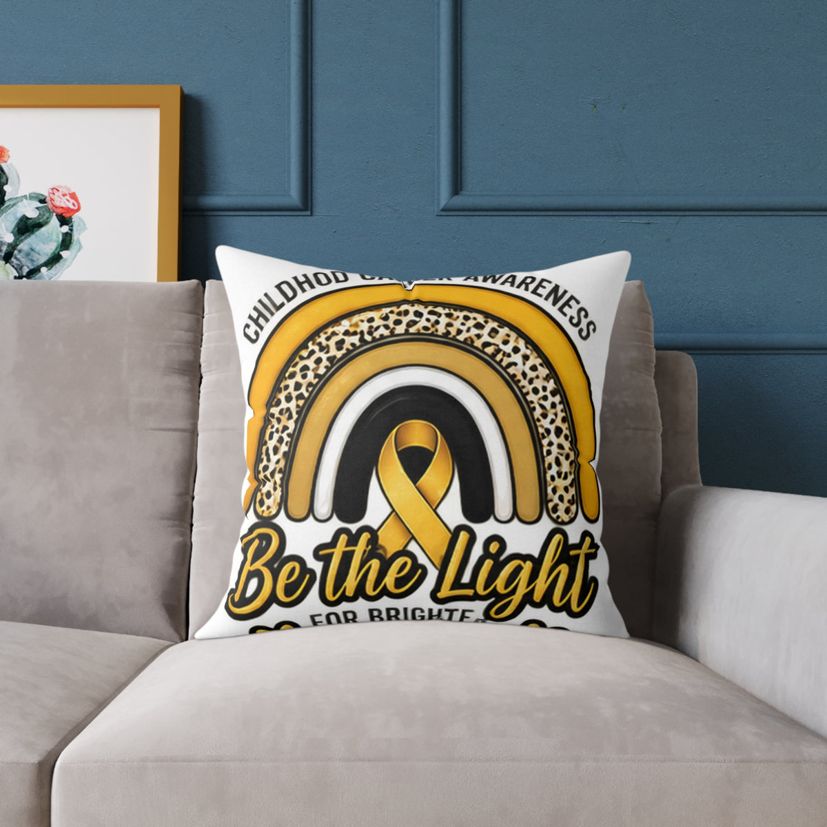 Childhood Cancer Awareness Pillow – "Be the Light" Gold Ribbon Square Pillow