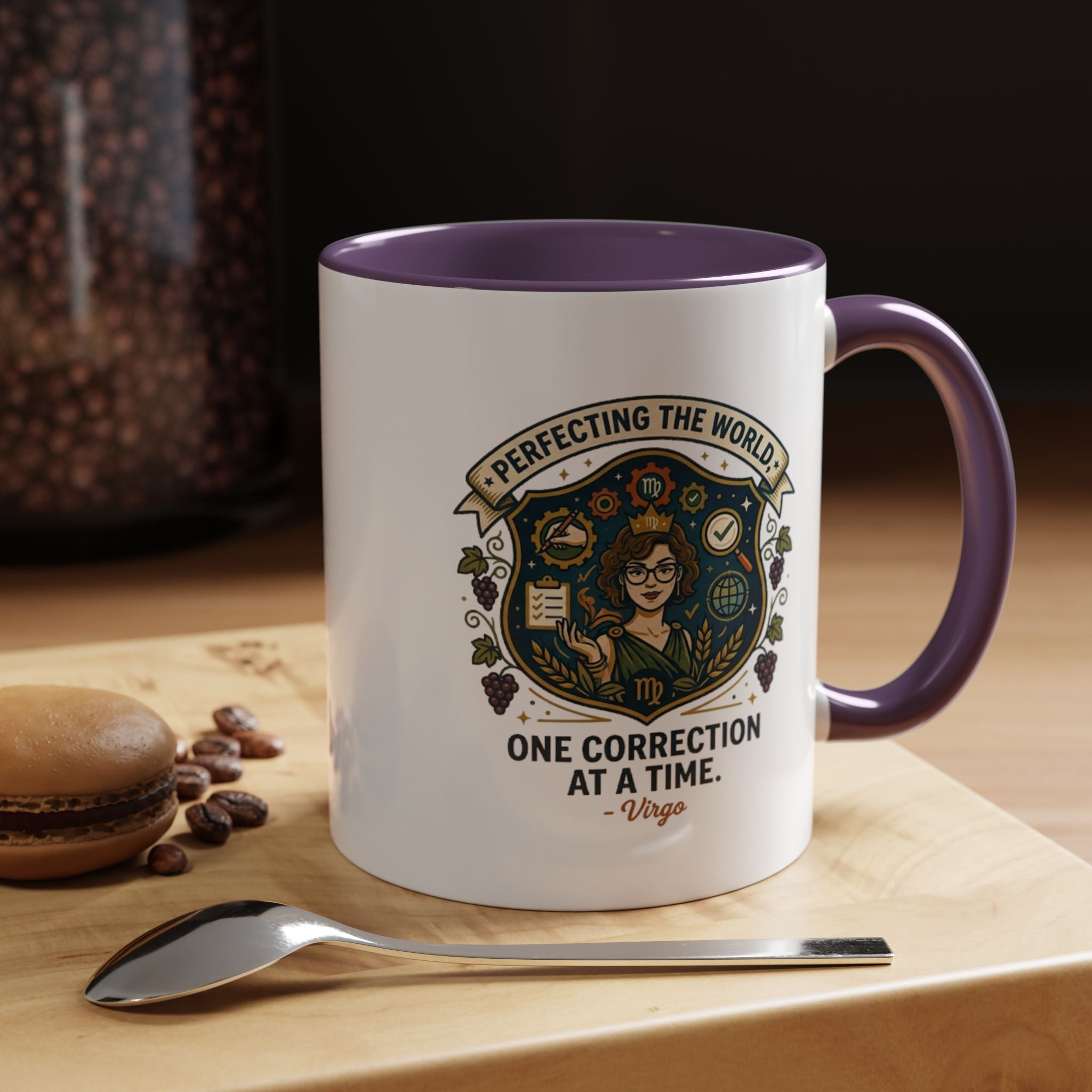 Virgo Coffee Mug — "Perfecting the World: One Correction at a Time" Accent Astrology Gift