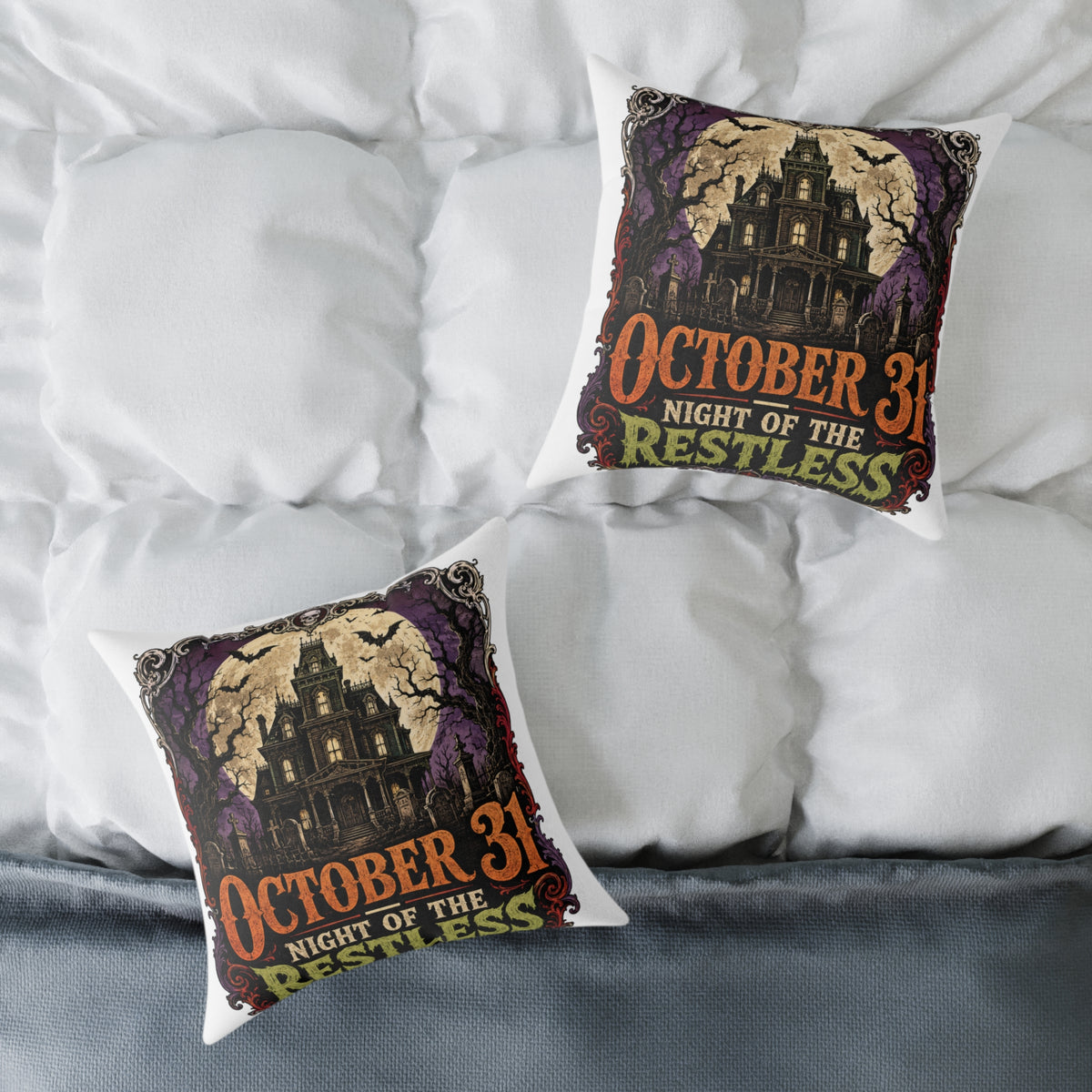 Halloween Haunted House Pillow — "October 31 Night of the Restless" Square Canvas Throw Pillow