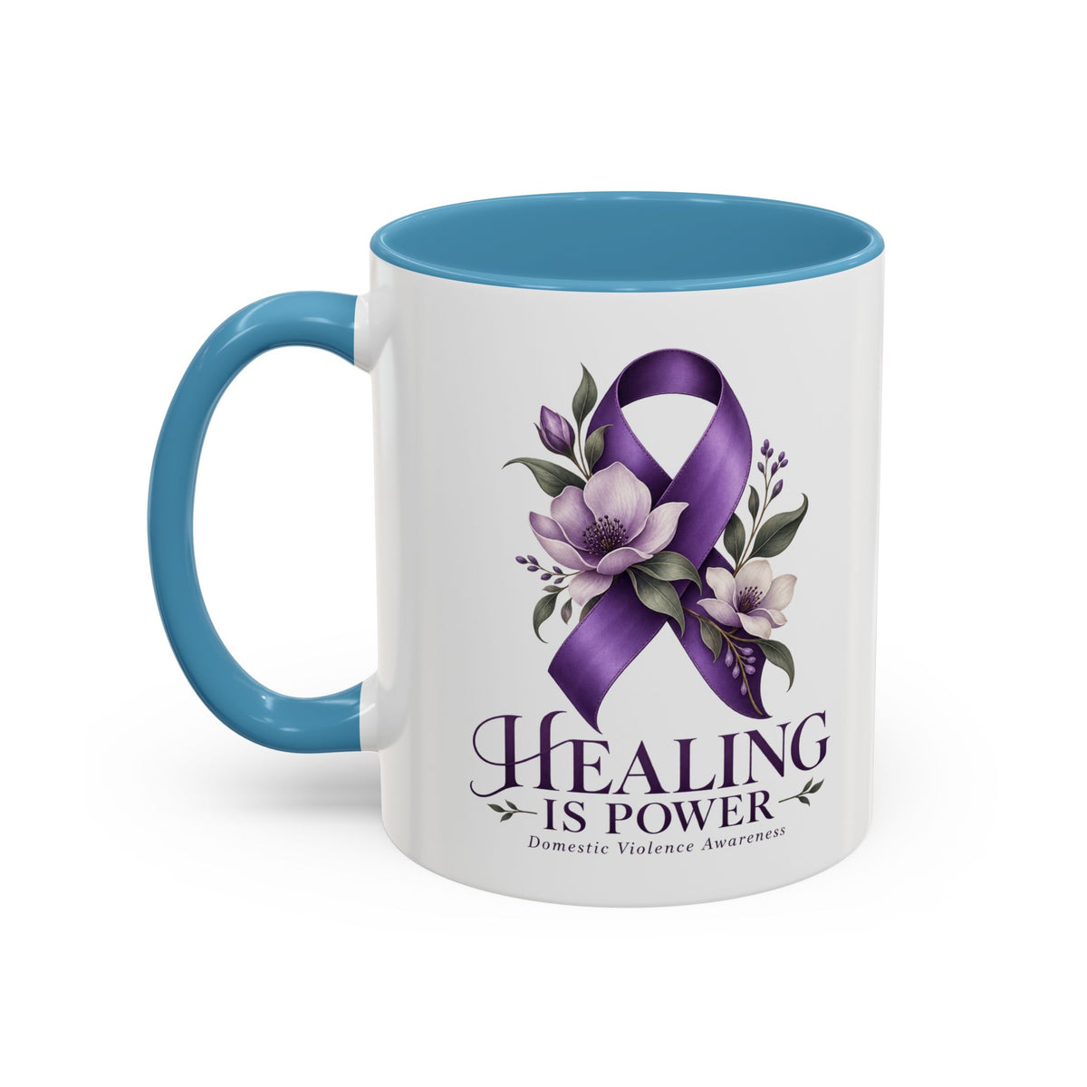 Healing Is Power Purple Ribbon Coffee Mug — Domestic Violence Awareness Accent Mug (11/15oz)